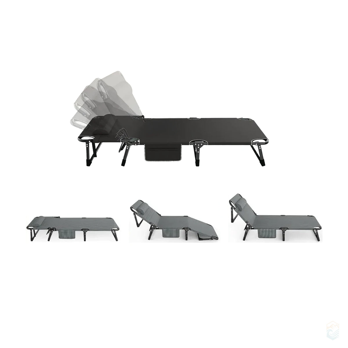Multiple angle views of folding camping cot showing five adjustable backrest positions, with mesh side pocket underneath