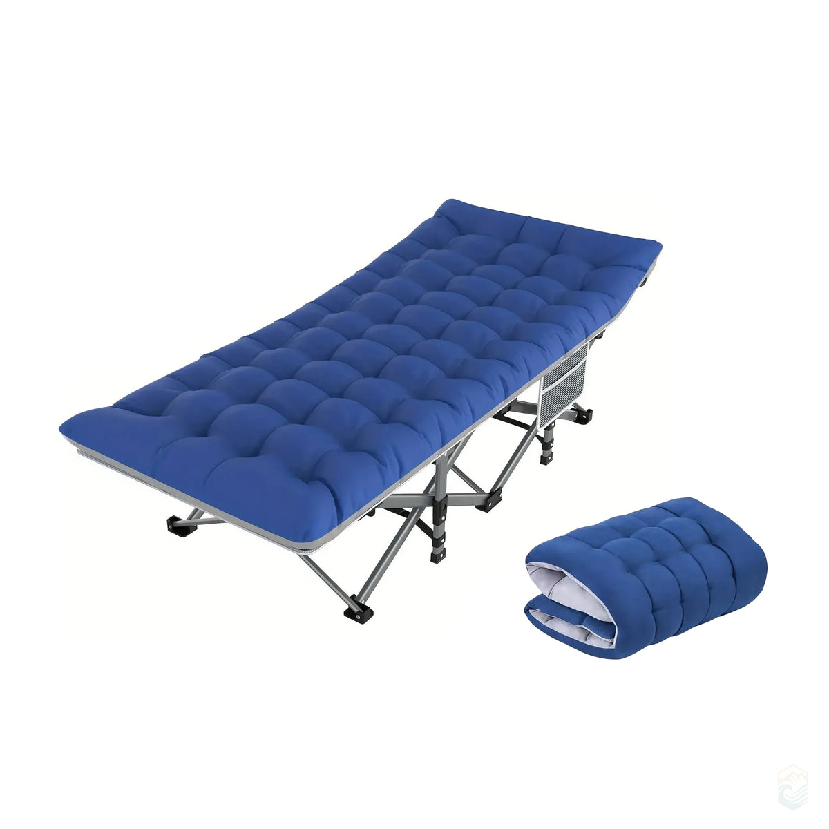 Folding camping cot with thick blue padded top and gray underside mattress on a gray metal frame, designed for outdoor sleeping and relaxation