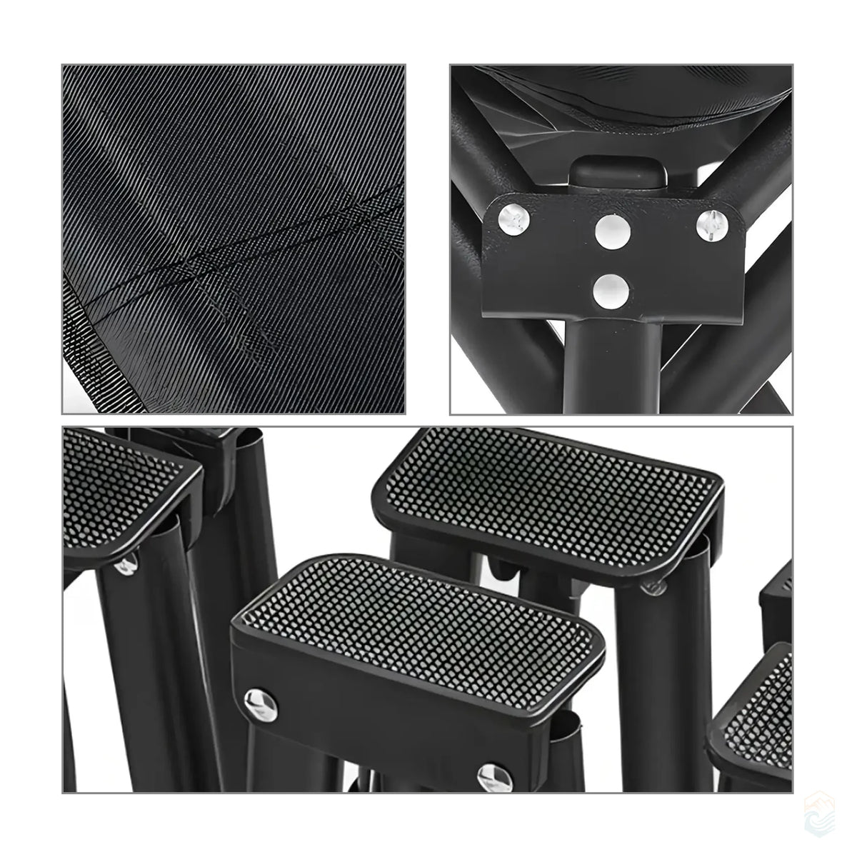 Close-up views of folding camping cot structure, showing reinforced stitching, secure rivet joints, and anti-slip foot pads for stability