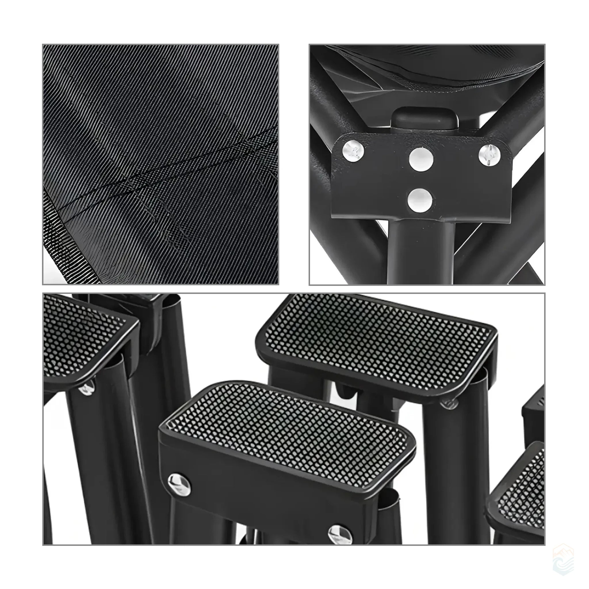 Close-up views of folding camping cot structure, showing reinforced stitching, secure rivet joints, and anti-slip foot pads for stability