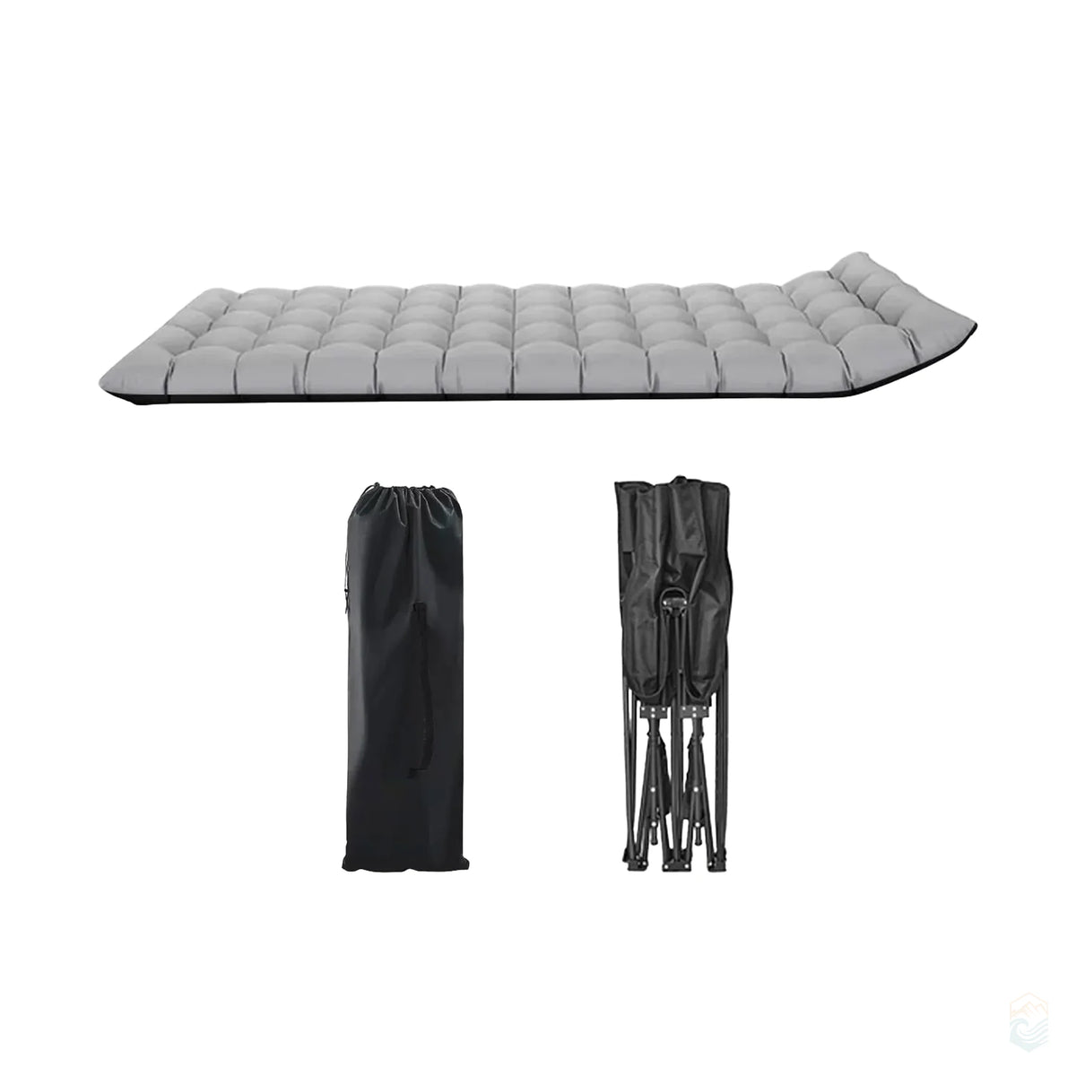 Gray camping cot mattress shown with folded frame and black drawstring carry bag, ideal for compact outdoor storage and travel