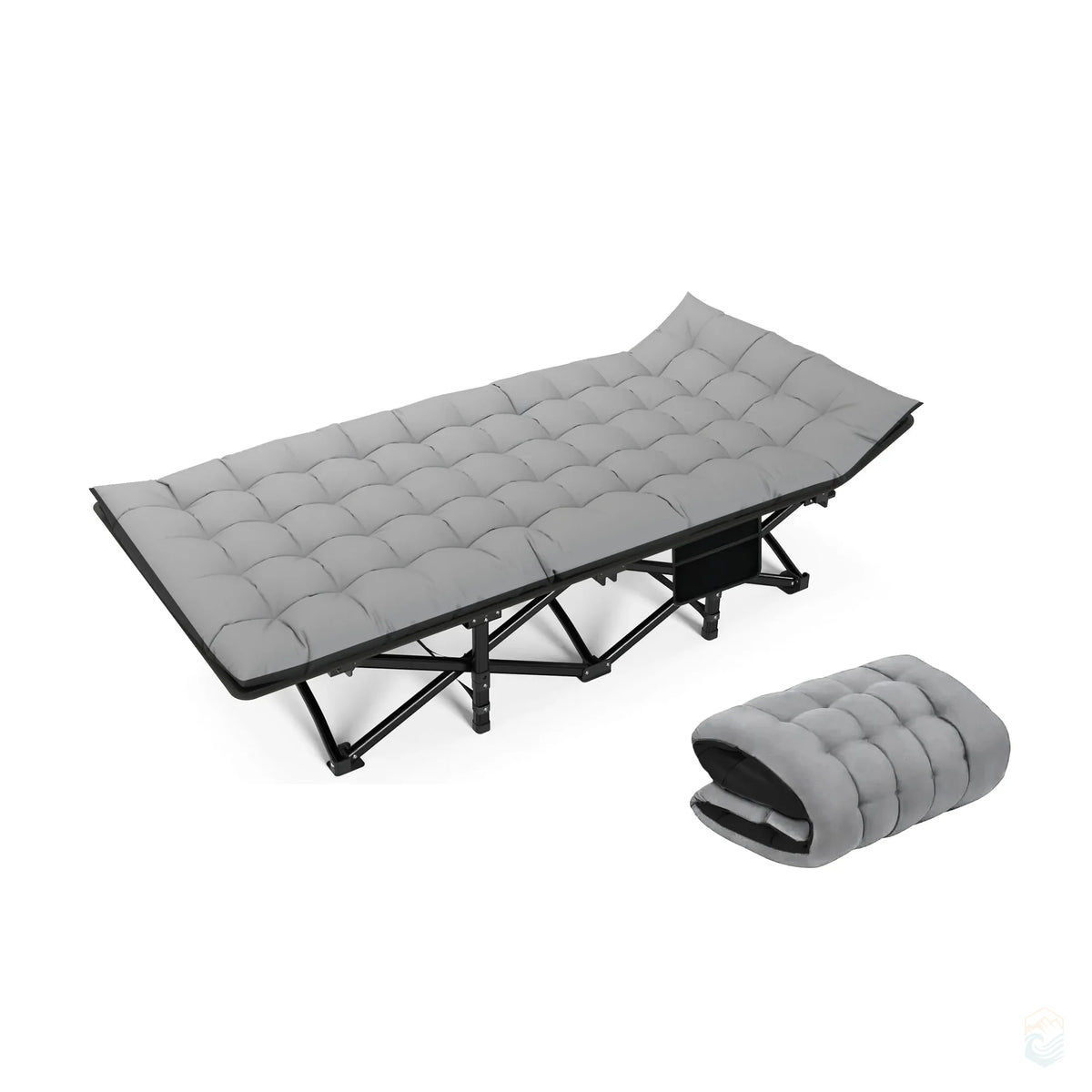 Folding camping cot with gray padded top and black underside mattress, supported by a durable black metal frame for outdoor sleeping comfort