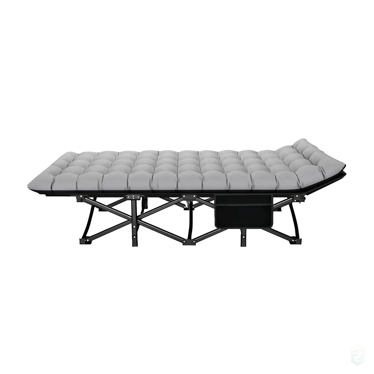Side view of folding camping cot with gray padded top and black frame, featuring a storage pocket and elevated headrest for outdoor use