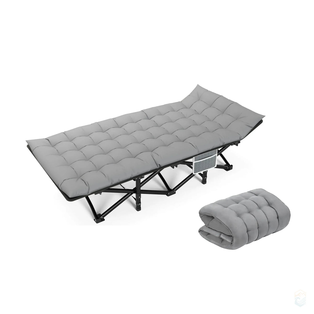 Gray folding camping cot featuring a soft gray padded mattress and black frame, ideal for outdoor sleeping and portable use