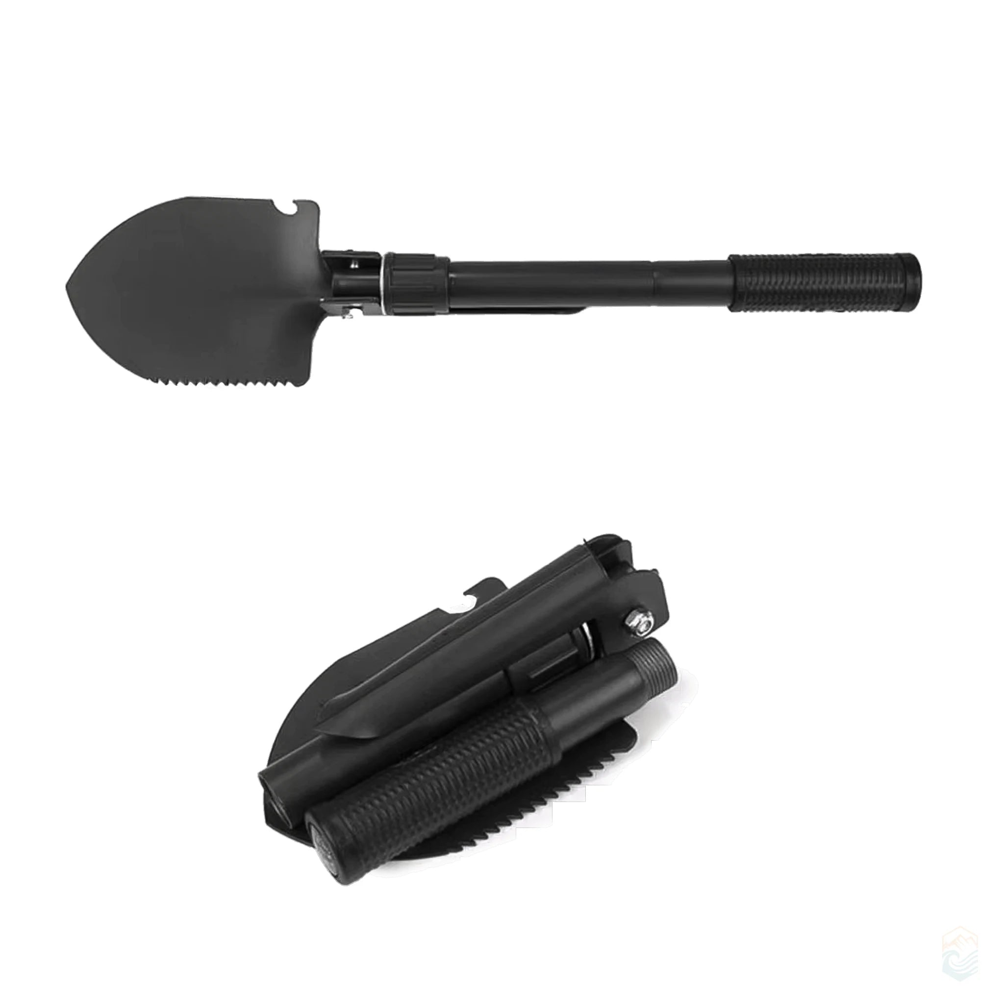 Black multifunction folding camping shovel displayed in both extended and collapsed positions, featuring a serrated edge, textured grip, and compact tactical design for outdoor digging and survival tasks