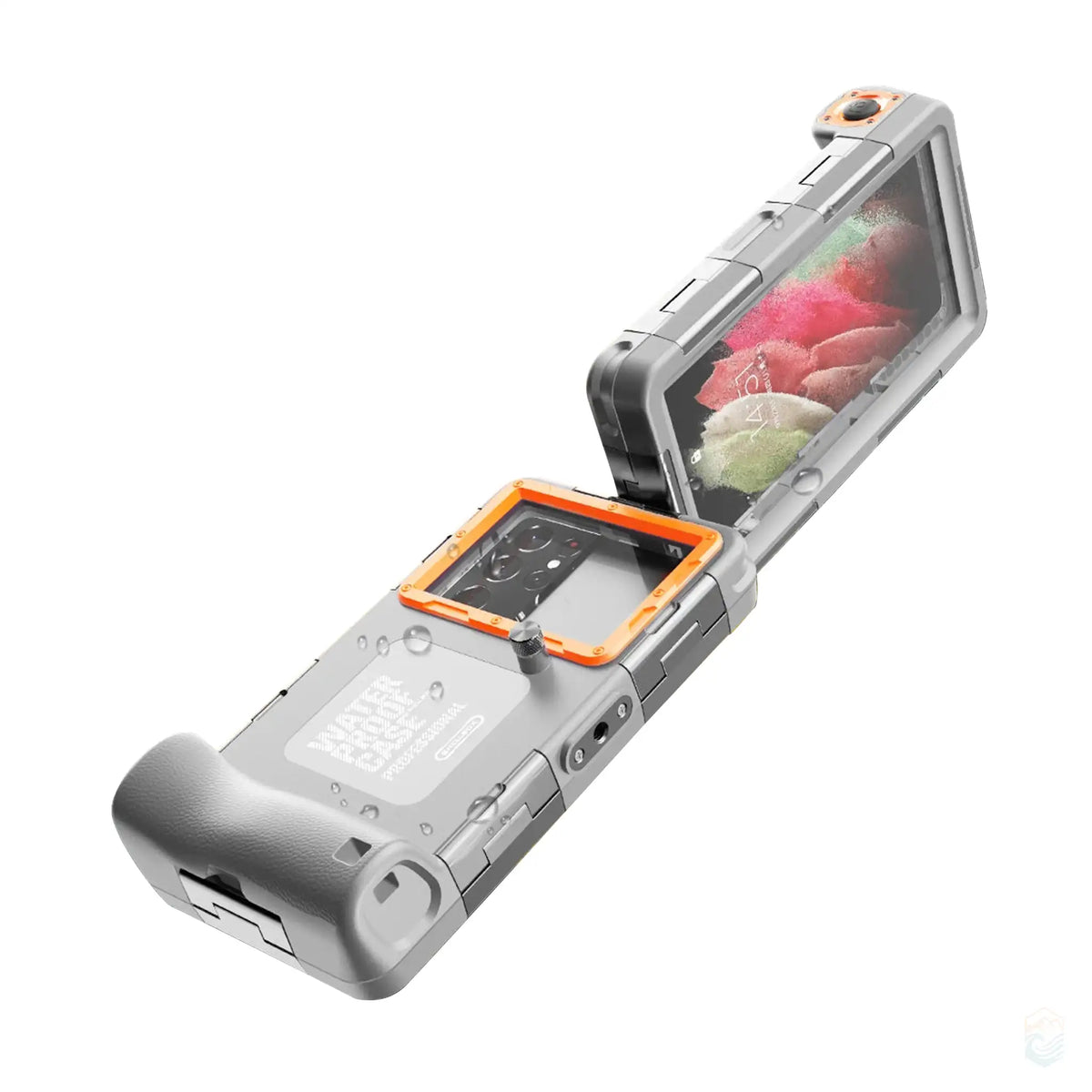 Generation 2 waterproof diving case in gray with orange accents, featuring an upgraded design for enhanced waterproofing and durability. The image highlights the case's robust construction and protective features, ideal for underwater activities.