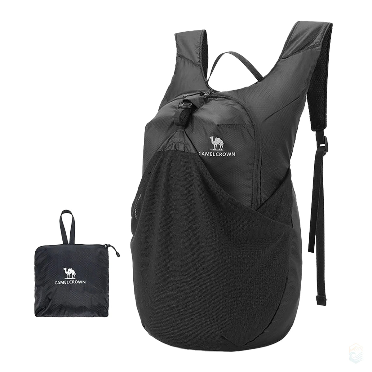 Golden Camel 14L black ultralight backpack with mesh pocket shown next to its compact storage case for travel and day hikes