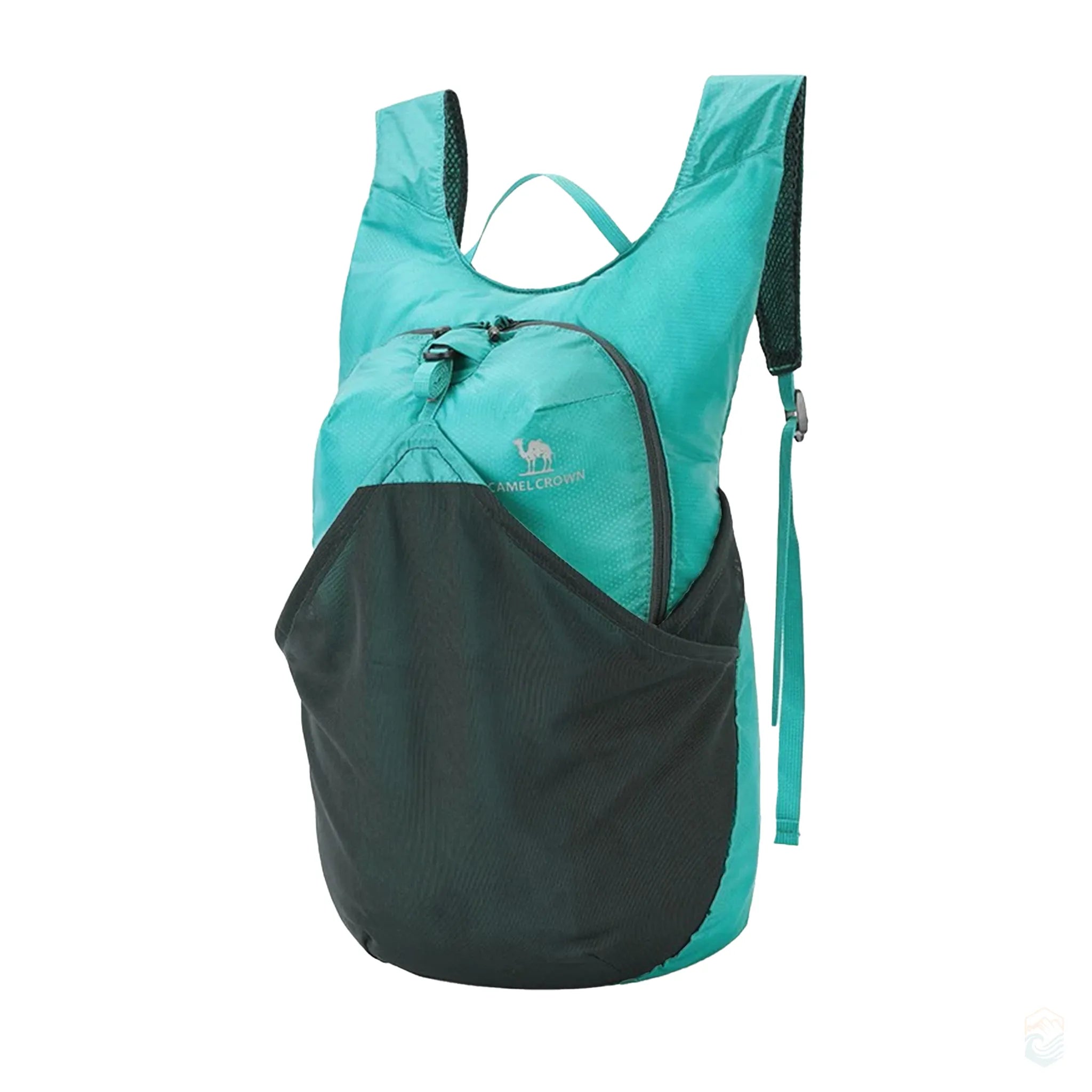 Golden Camel 14L blue ultralight backpack with black mesh front pocket, ideal for day hikes and compact travel storage