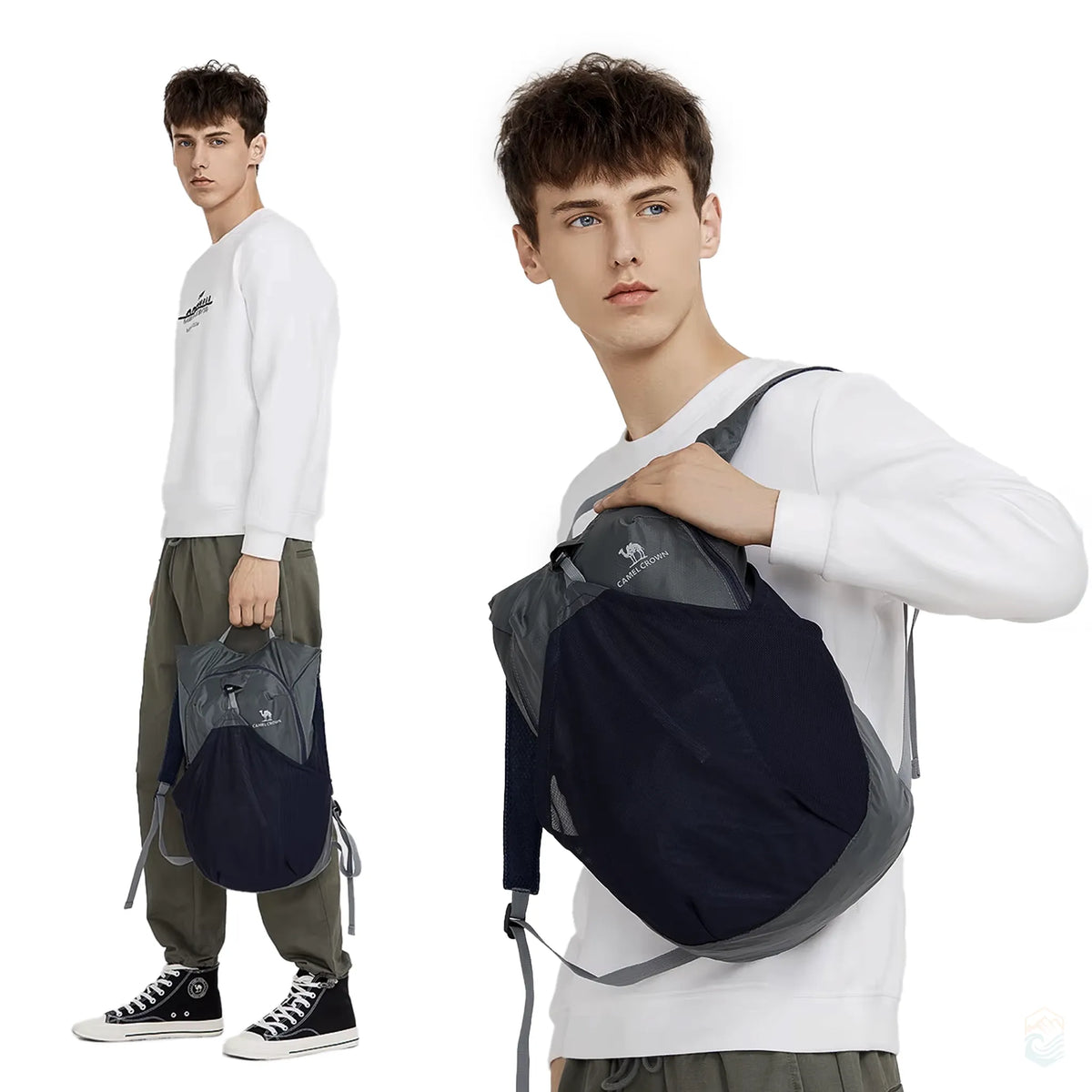 Male model holding and wearing Golden Camel 14L gray waterproof daypack with black mesh pocket, designed for lightweight travel and urban adventures