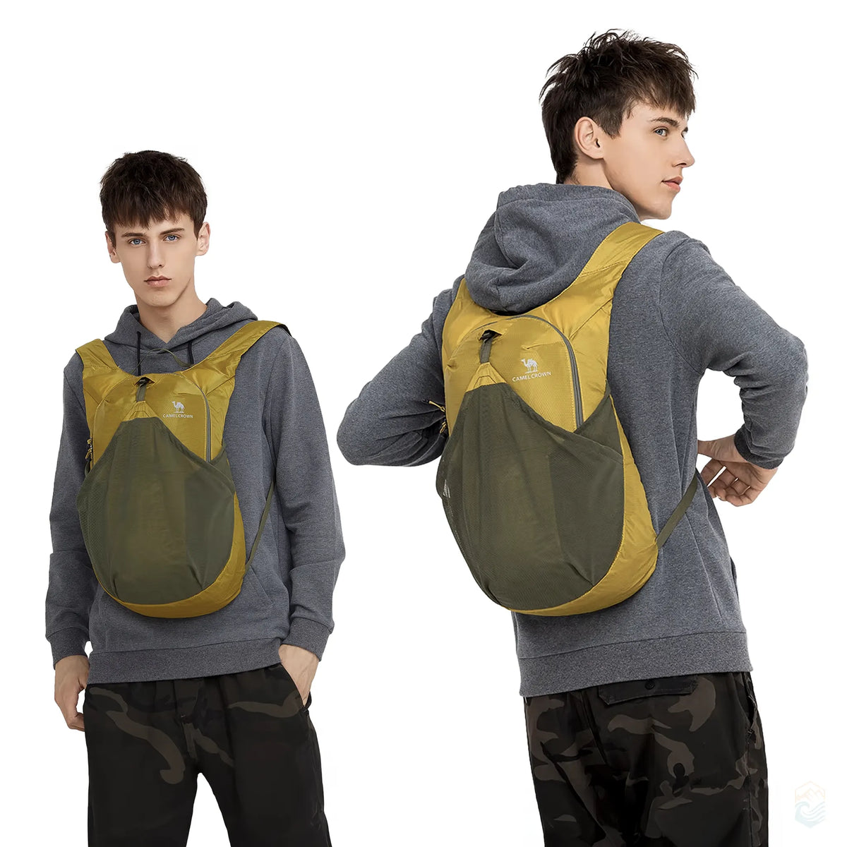Male model wearing Golden Camel 14L yellow ultralight backpack with green mesh pocket, ideal for hiking, day trips, and casual outdoor use
