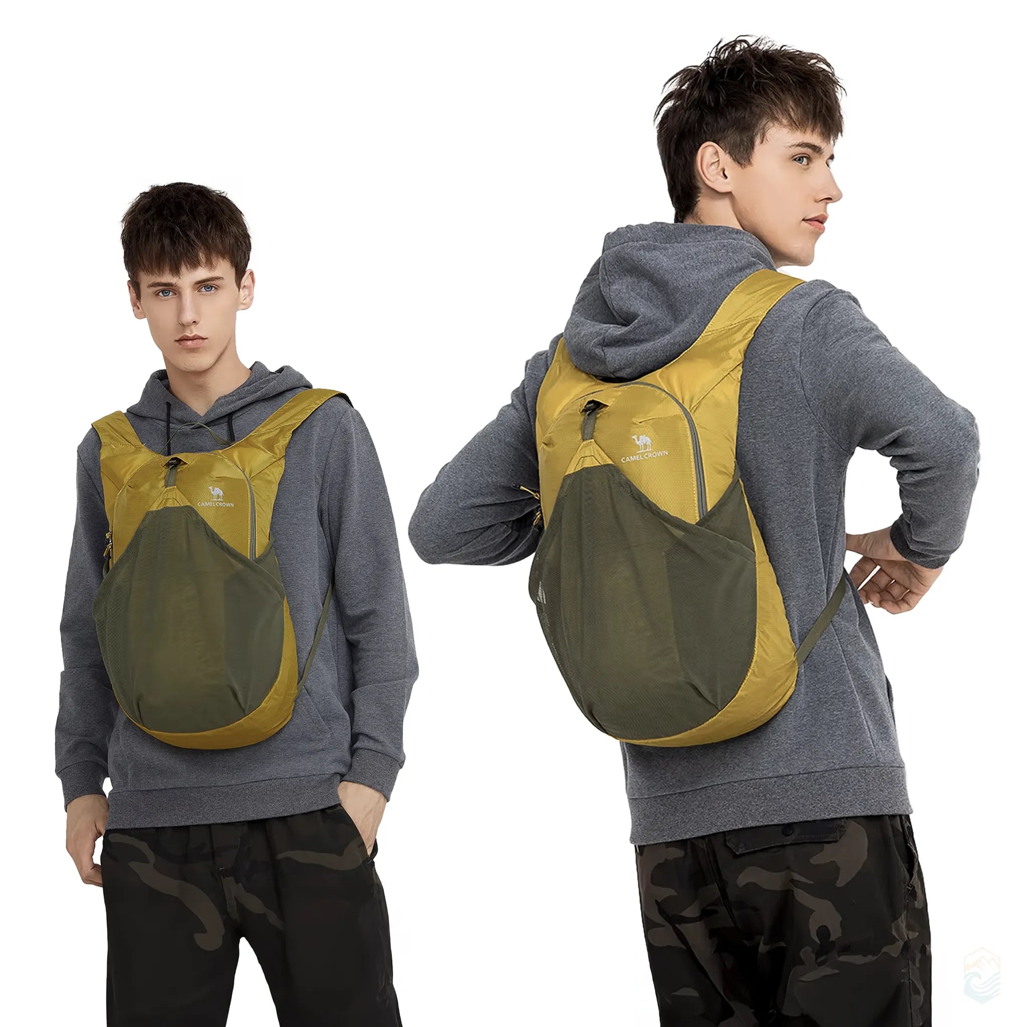 Male model wearing Golden Camel 14L yellow ultralight backpack with green mesh pocket, ideal for hiking, day trips, and casual outdoor use