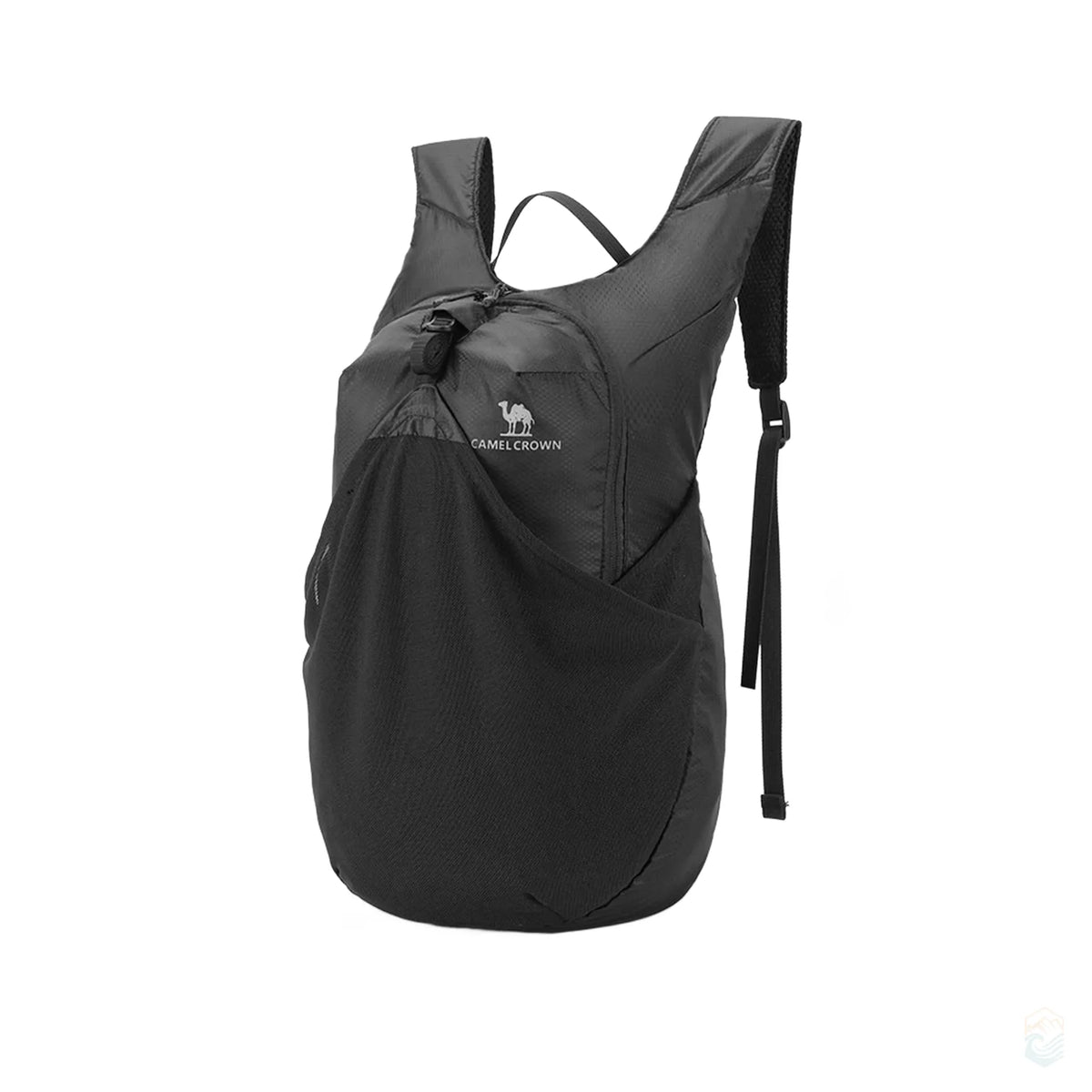 Golden Camel 14L waterproof backpack in solid black with matching mesh pockets, ultralight design for hiking and travel