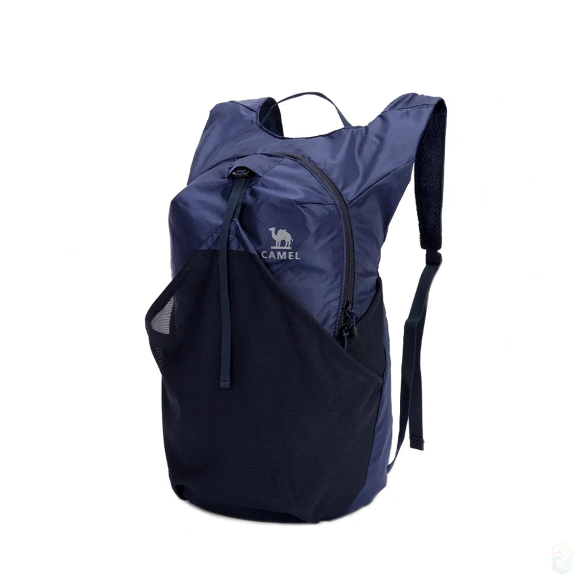 Golden Camel ultralight 14L backpack in dark blue with black mesh front pocket and lightweight shoulder straps