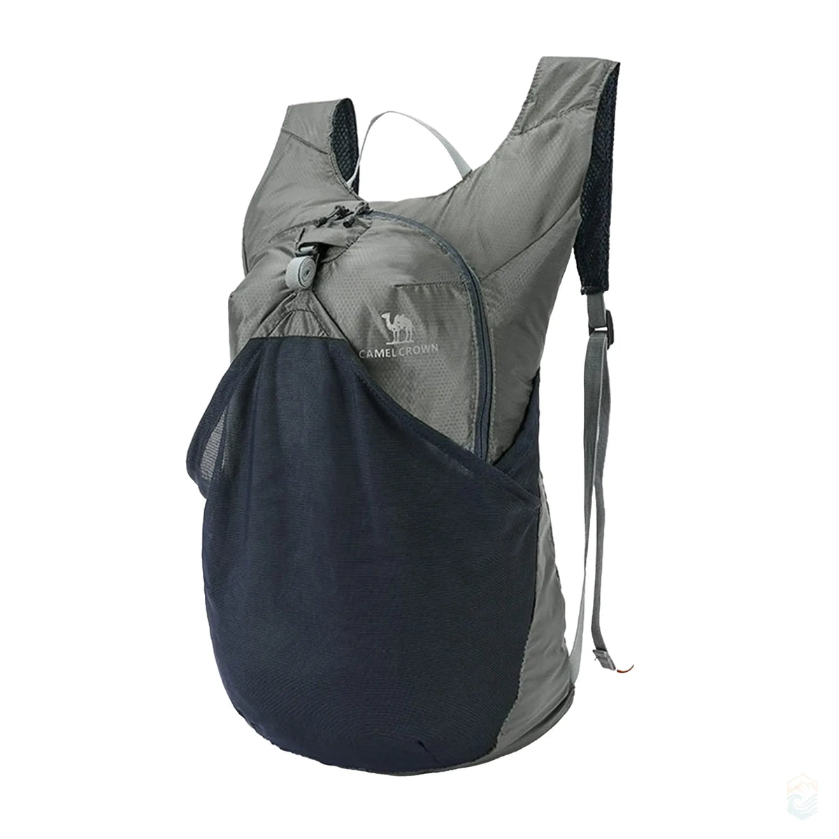 Golden Camel 14L ultralight waterproof backpack in gray with dark gray mesh pocket and straps, designed for outdoor day hiking and travel
