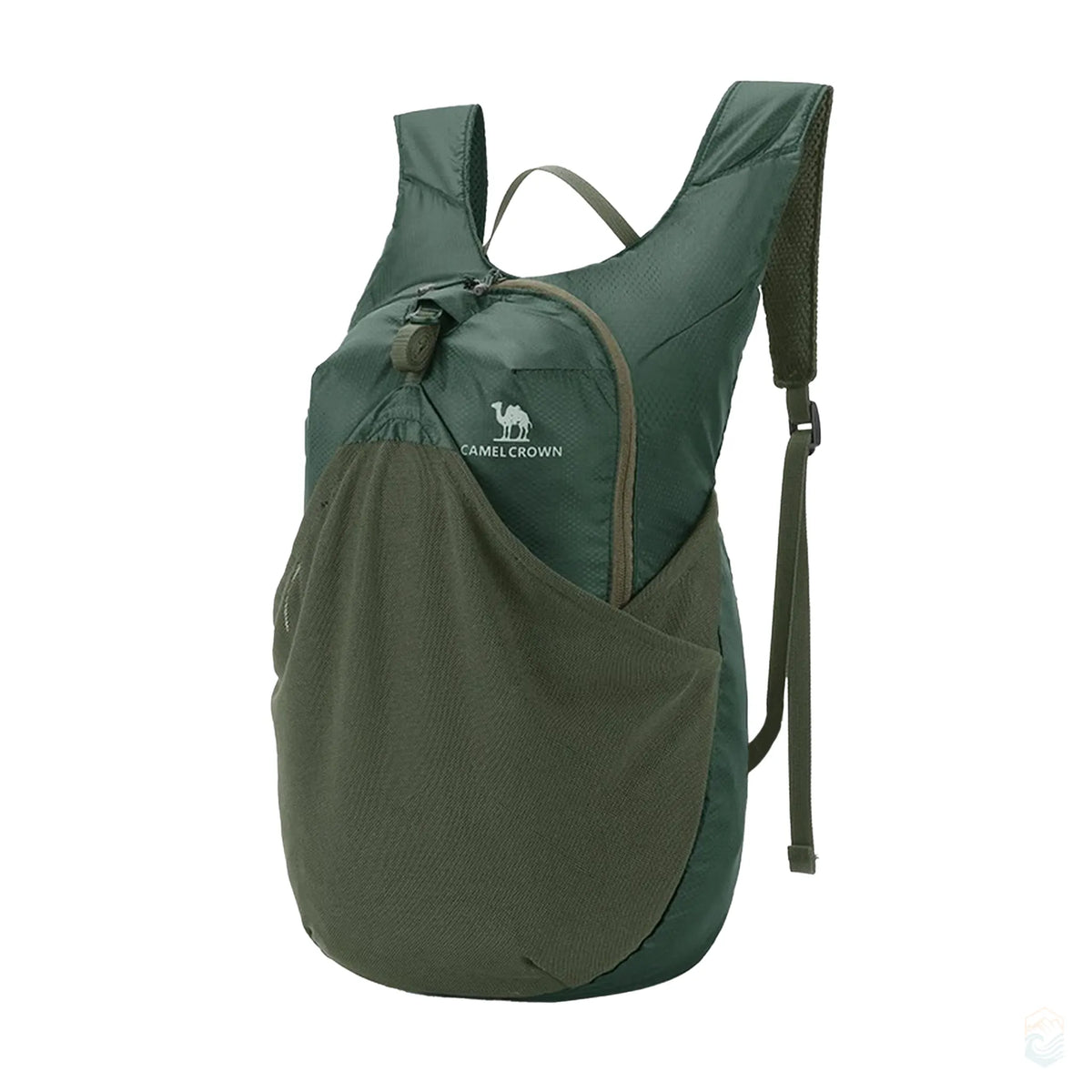 Golden Camel 14L waterproof backpack in dark green with olive mesh pockets, ultralight and compact for hiking or outdoor use
