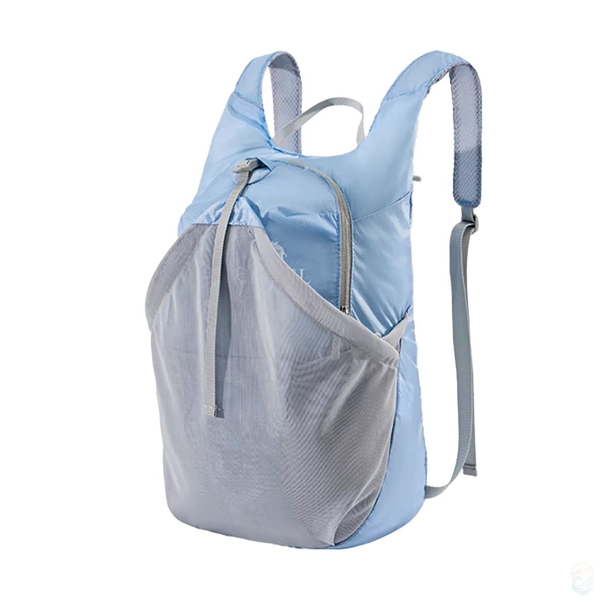 Golden Camel ultralight 14L backpack in light blue with gray mesh front pocket and slim adjustable shoulder straps