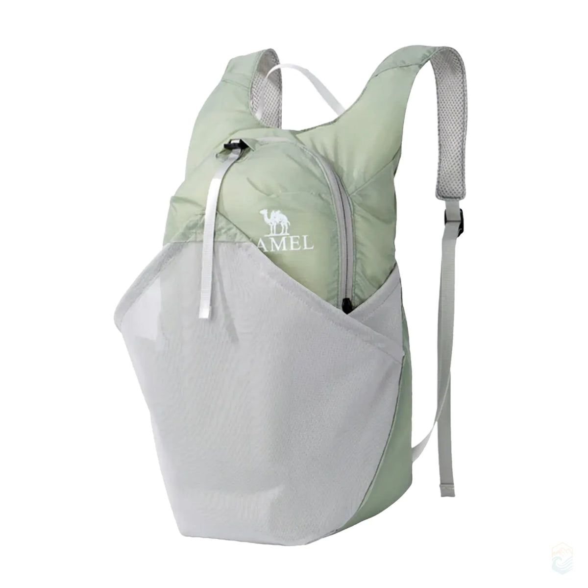 Golden Camel 14L ultralight waterproof backpack in light green with gray mesh front pocket and straps, perfect for hiking or daily use