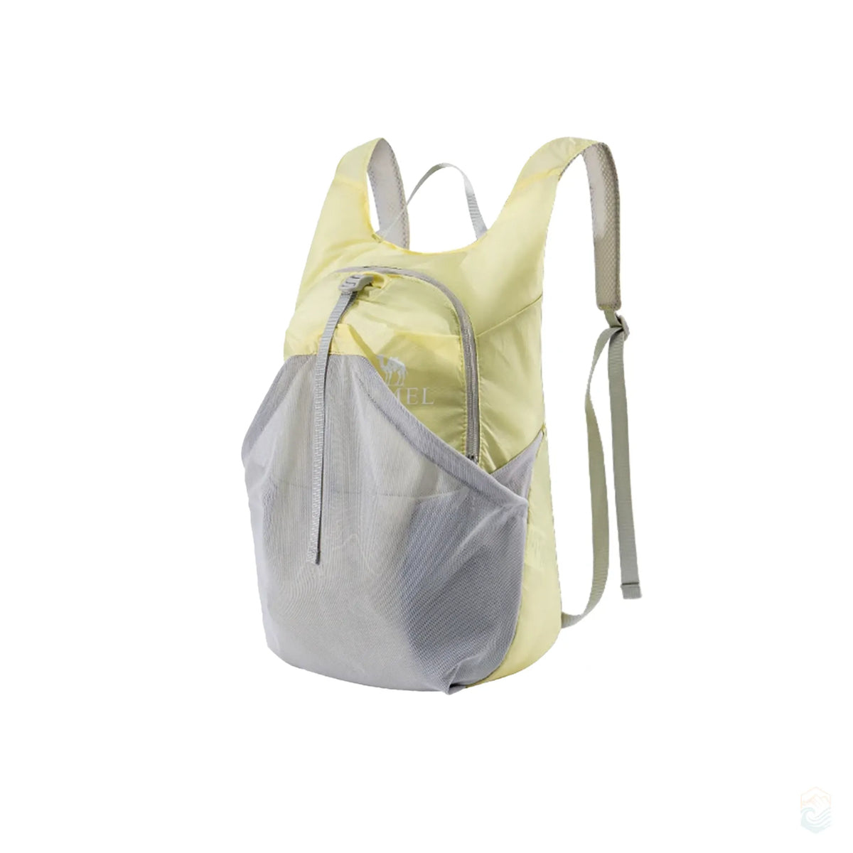 Golden Camel 14L ultralight waterproof backpack in light yellow with gray mesh pocket and straps, ideal for day hiking and travel