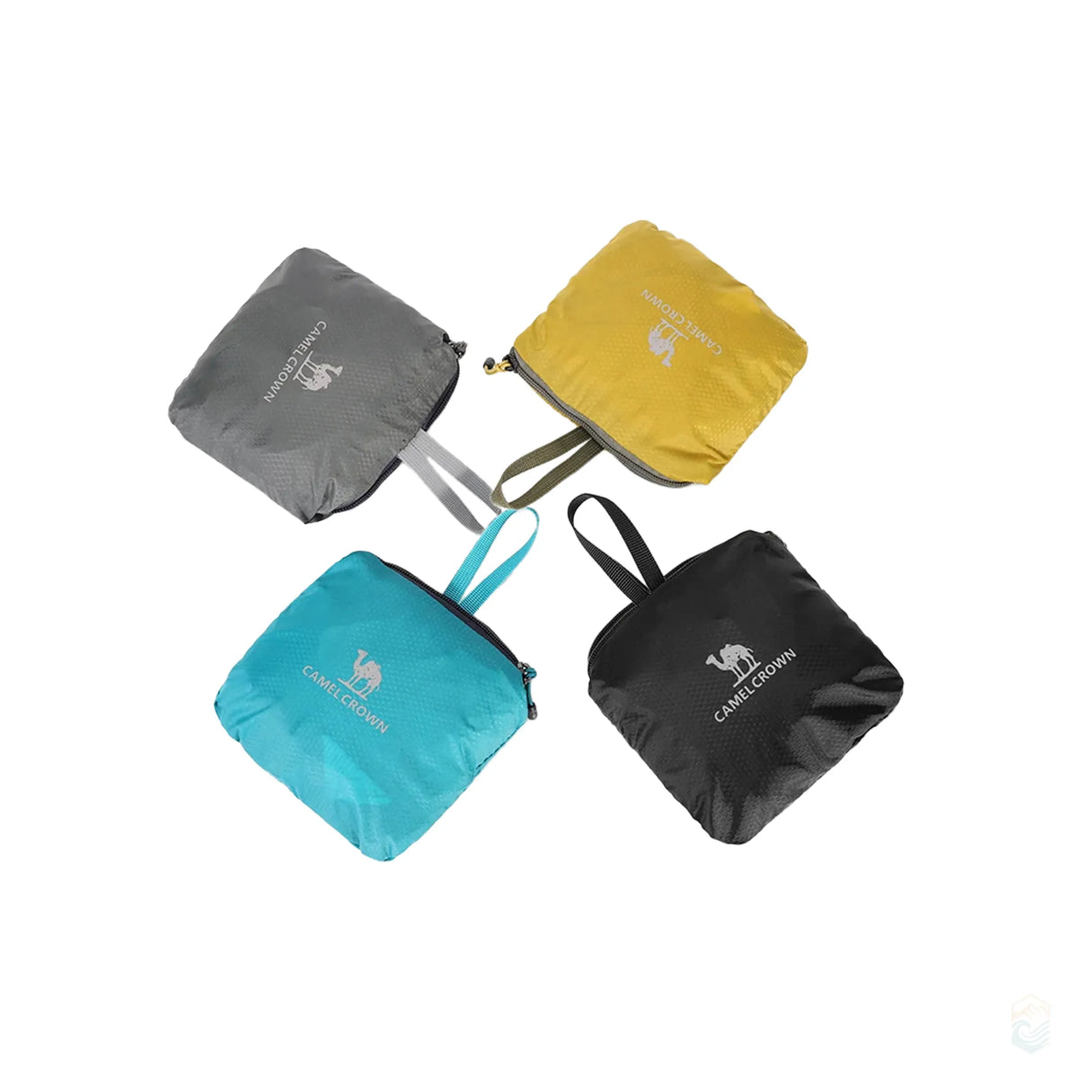 Golden Camel 14L backpacks shown fully packed into compact zippered storage pouches in gray, yellow, turquoise, and black colors, ideal for travel and minimalist packing