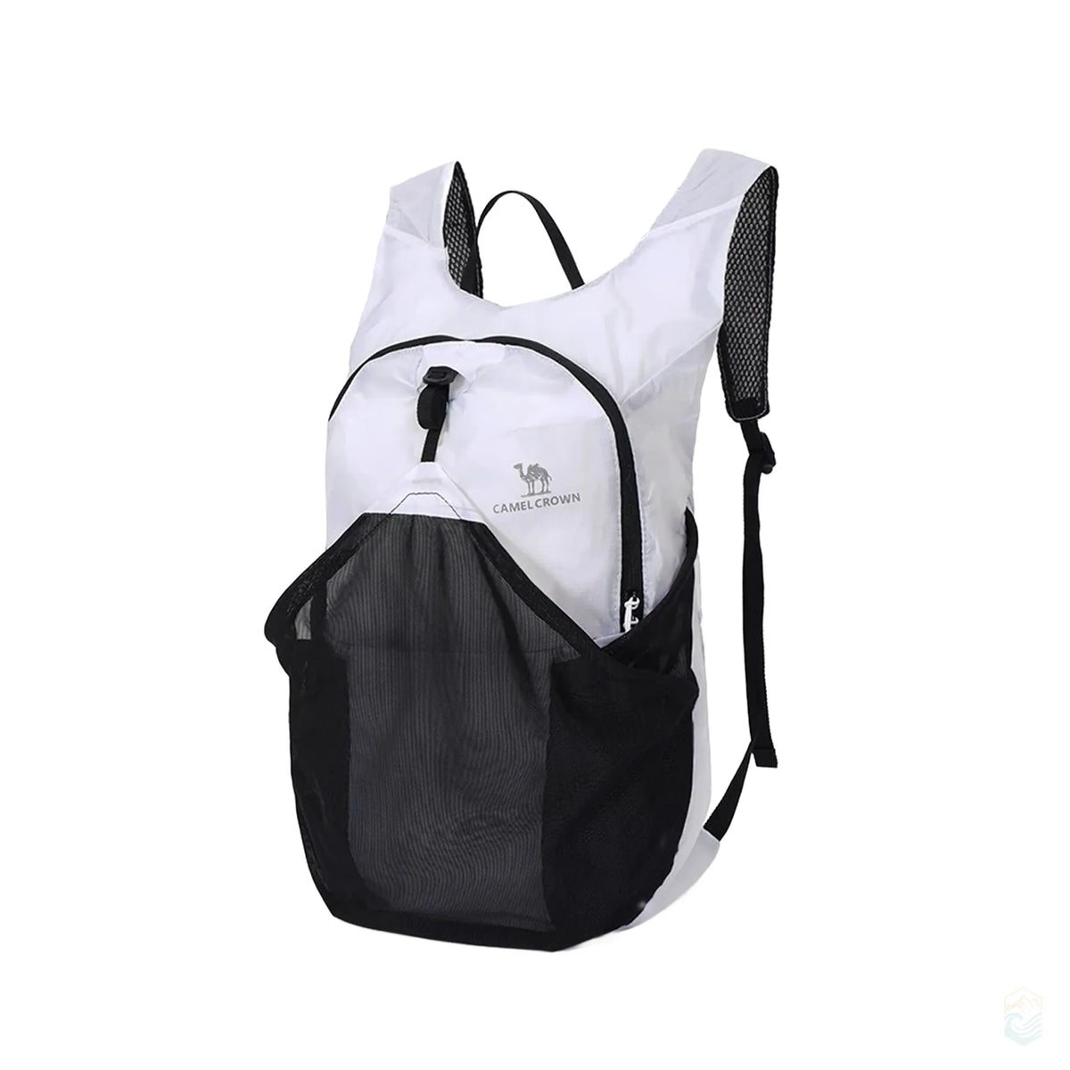 Golden Camel 14L waterproof backpack in white with black mesh front and side pockets, lightweight design for day hikes