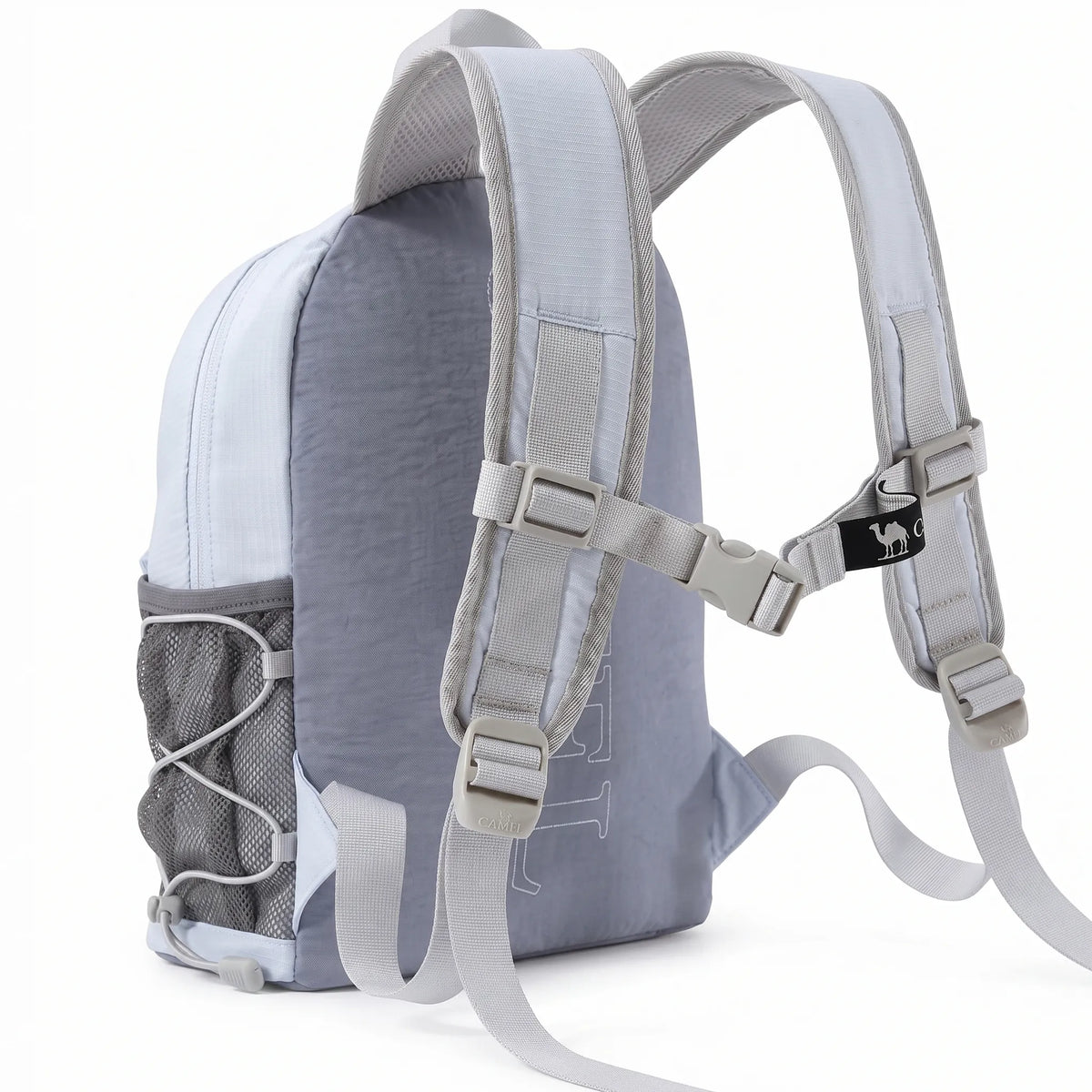 Back view of Golden Camel lightweight blue hiking backpack with padded shoulder straps, adjustable chest strap, and breathable back panel.