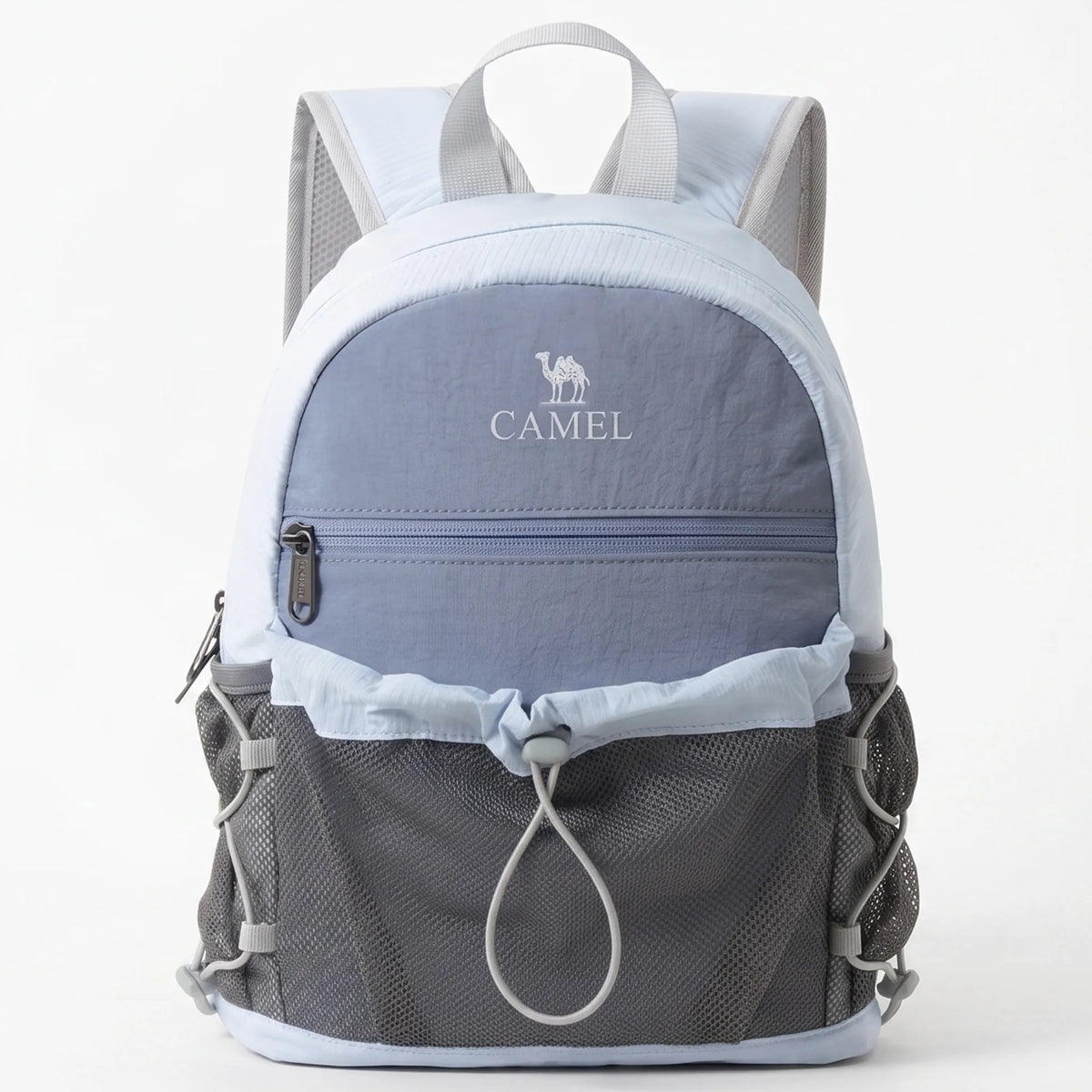 Front view of Golden Camel lightweight blue hiking backpack with large mesh storage pocket, zippered compartment, and padded straps.