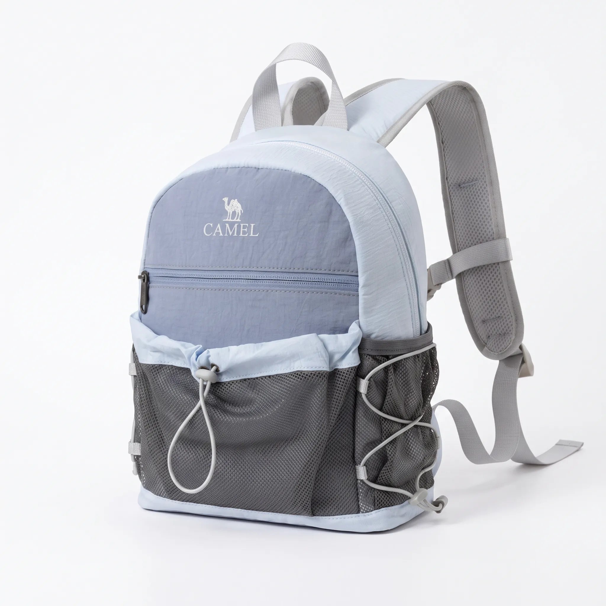 Golden Camel lightweight blue hiking backpack with front mesh storage, padded shoulder straps, side pockets, and adjustable cords.