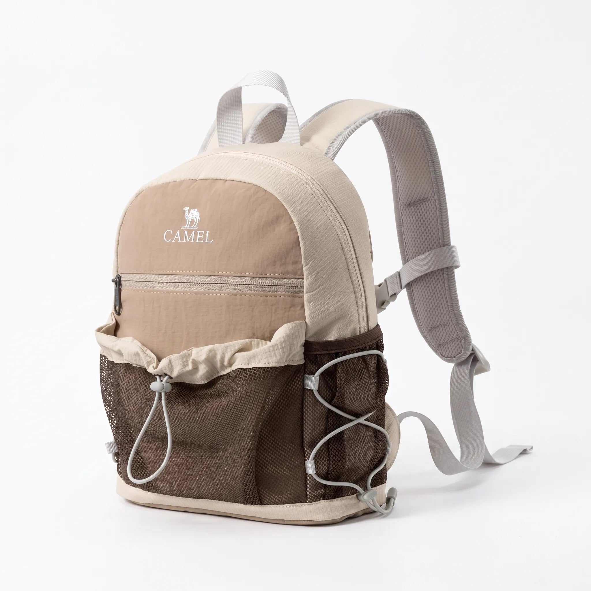 Golden Camel lightweight brown hiking backpack with mesh storage pockets, adjustable shoulder straps, and front zippered compartment.