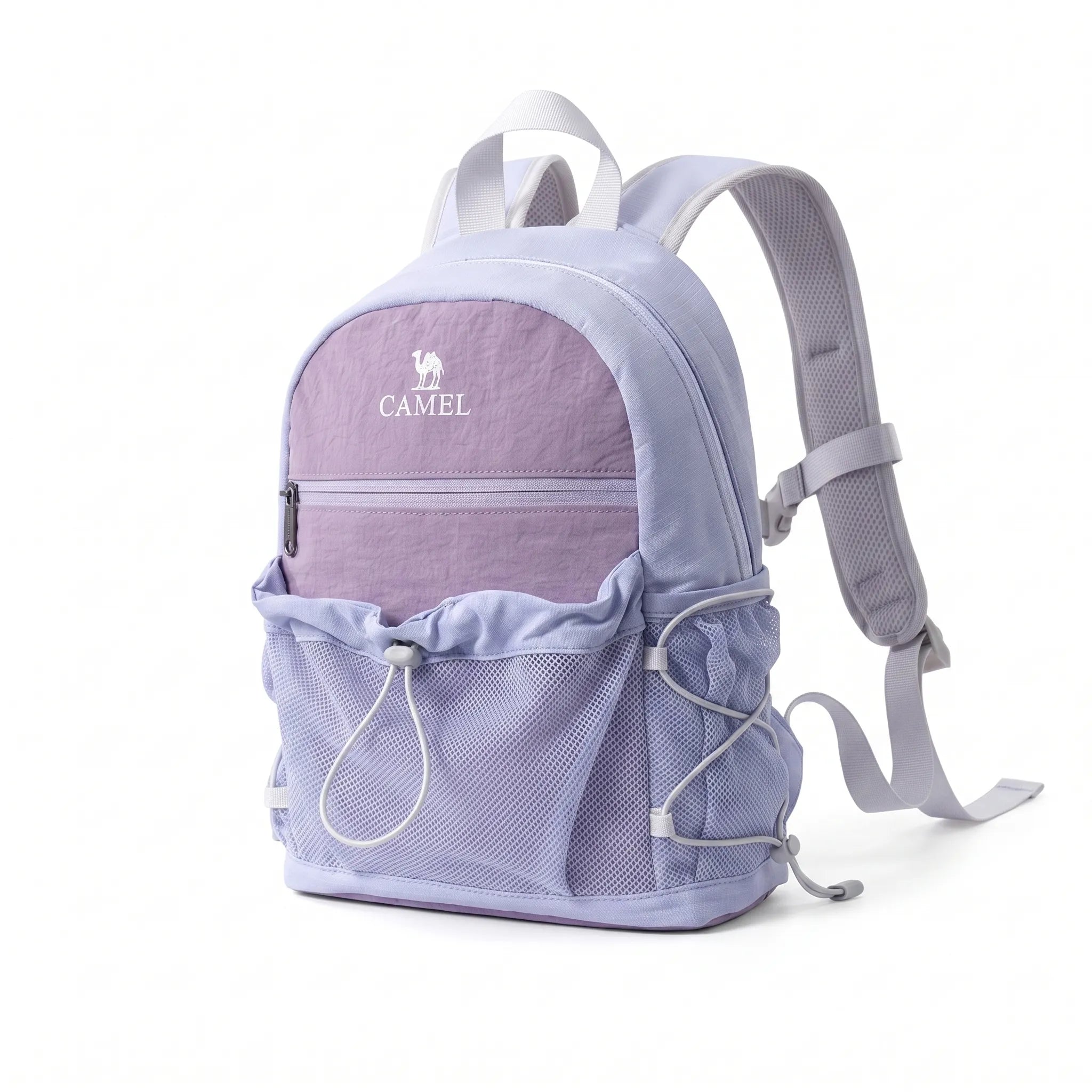 Golden Camel lightweight purple hiking backpack with front mesh storage, padded shoulder straps, and zippered compartment.