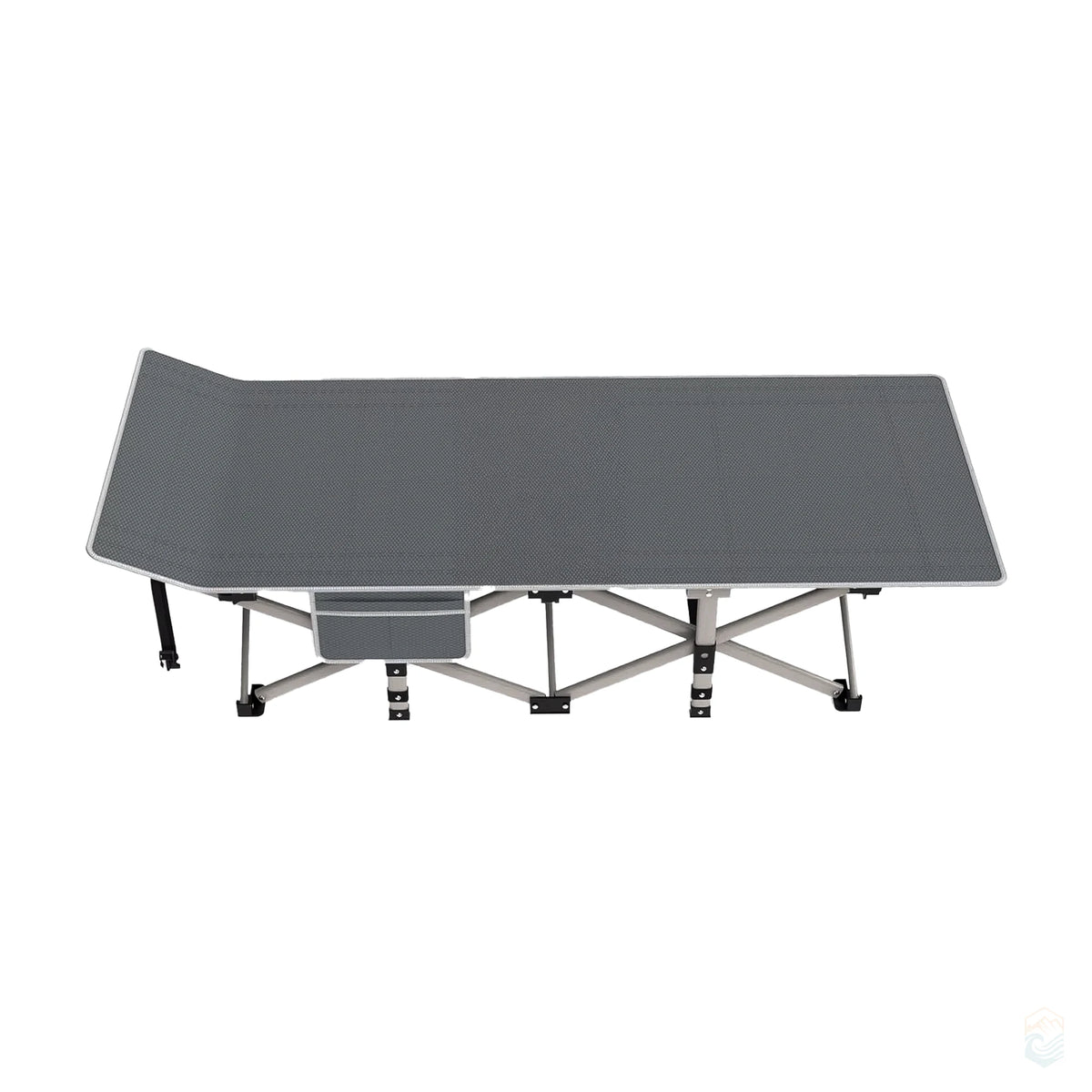 Lightweight gray mesh camping cot with silver folding frame and side storage pocket, shown from the side view