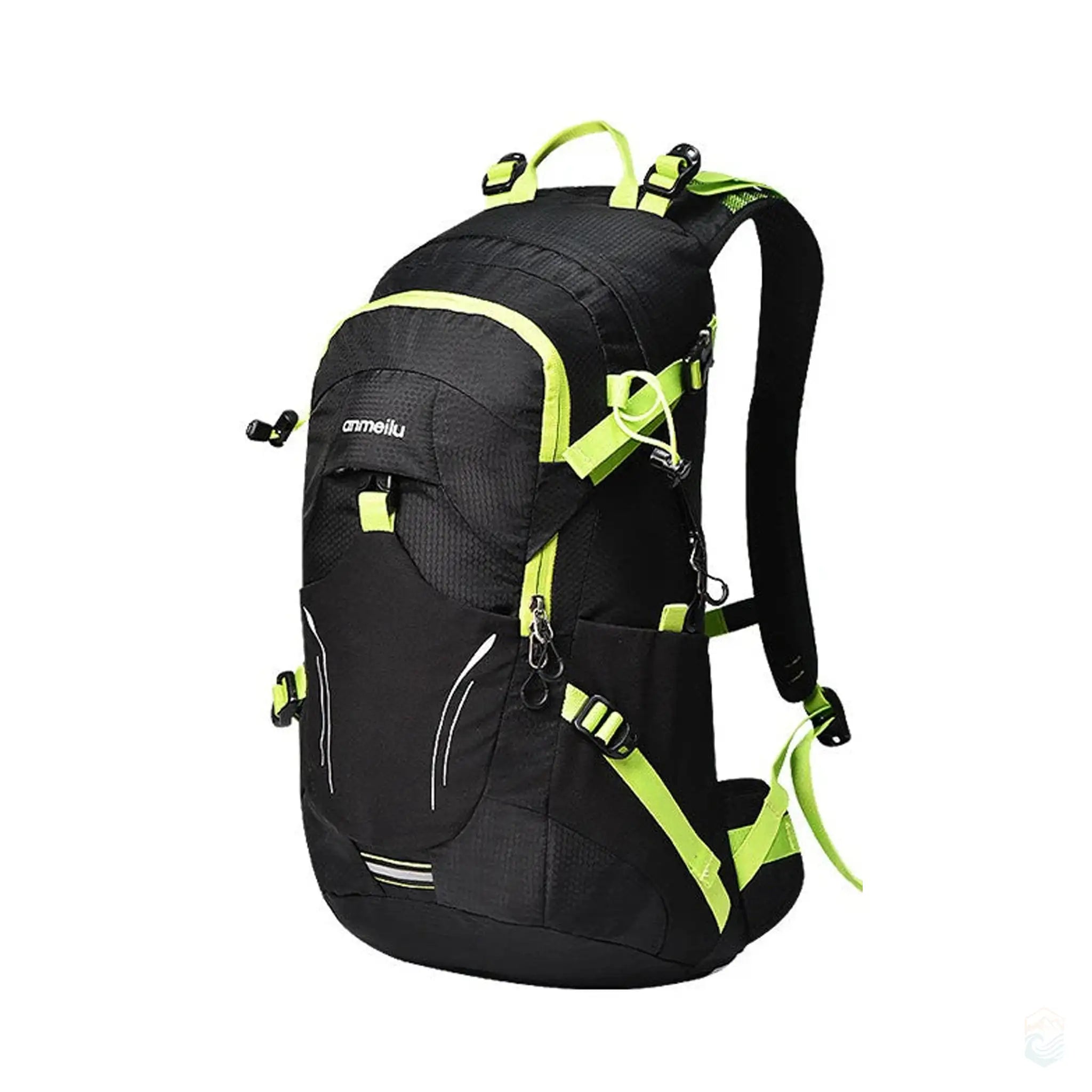 Green Anmeilu outdoor backpack with 20L capacity, showcasing its wear-resistant and water-repellent features, ideal for hiking, camping, and outdoor adventures.