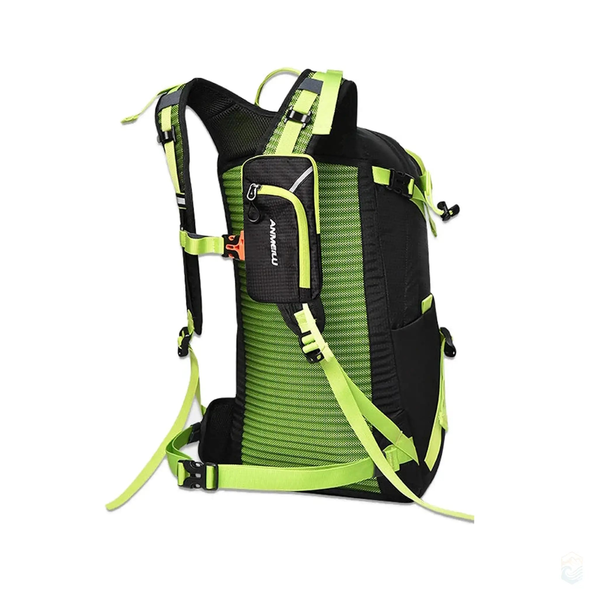 Inside view of the green Anmeilu outdoor backpack showing comfortable shoulder straps and storage compartments.