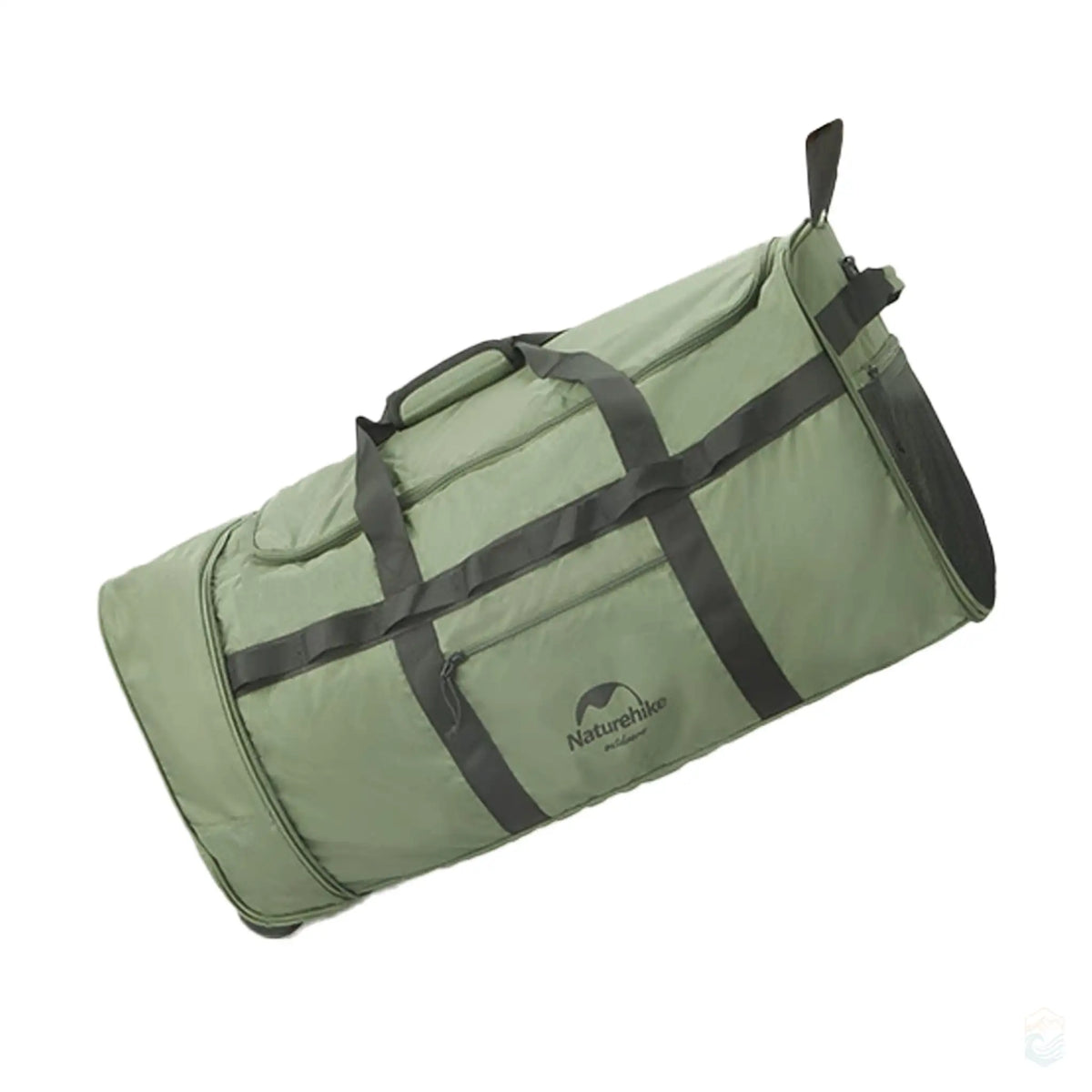 Angled image of the green Naturehike foldable camping storage bag with wheels, highlighting its 88L capacity and easy-to-use rolling feature. The image shows the bag being pulled effortlessly, making it ideal for transporting heavy camping gear.