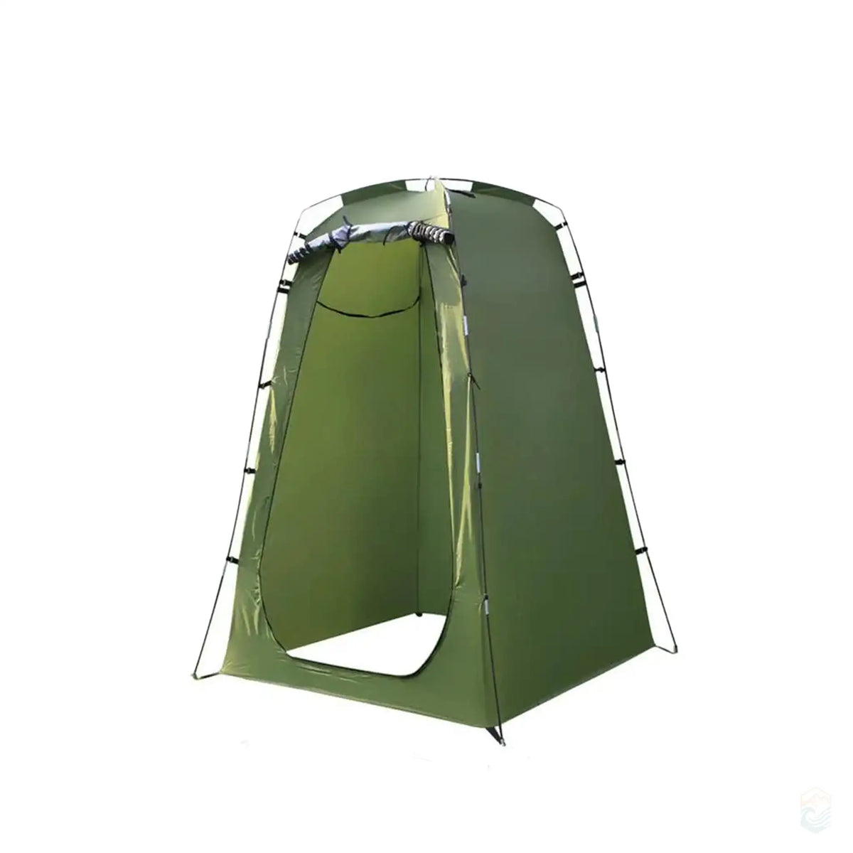 Green portable shower tent for camping, designed with a privacy shelter and a durable, easy-to-assemble frame, providing a convenient outdoor shower solution.