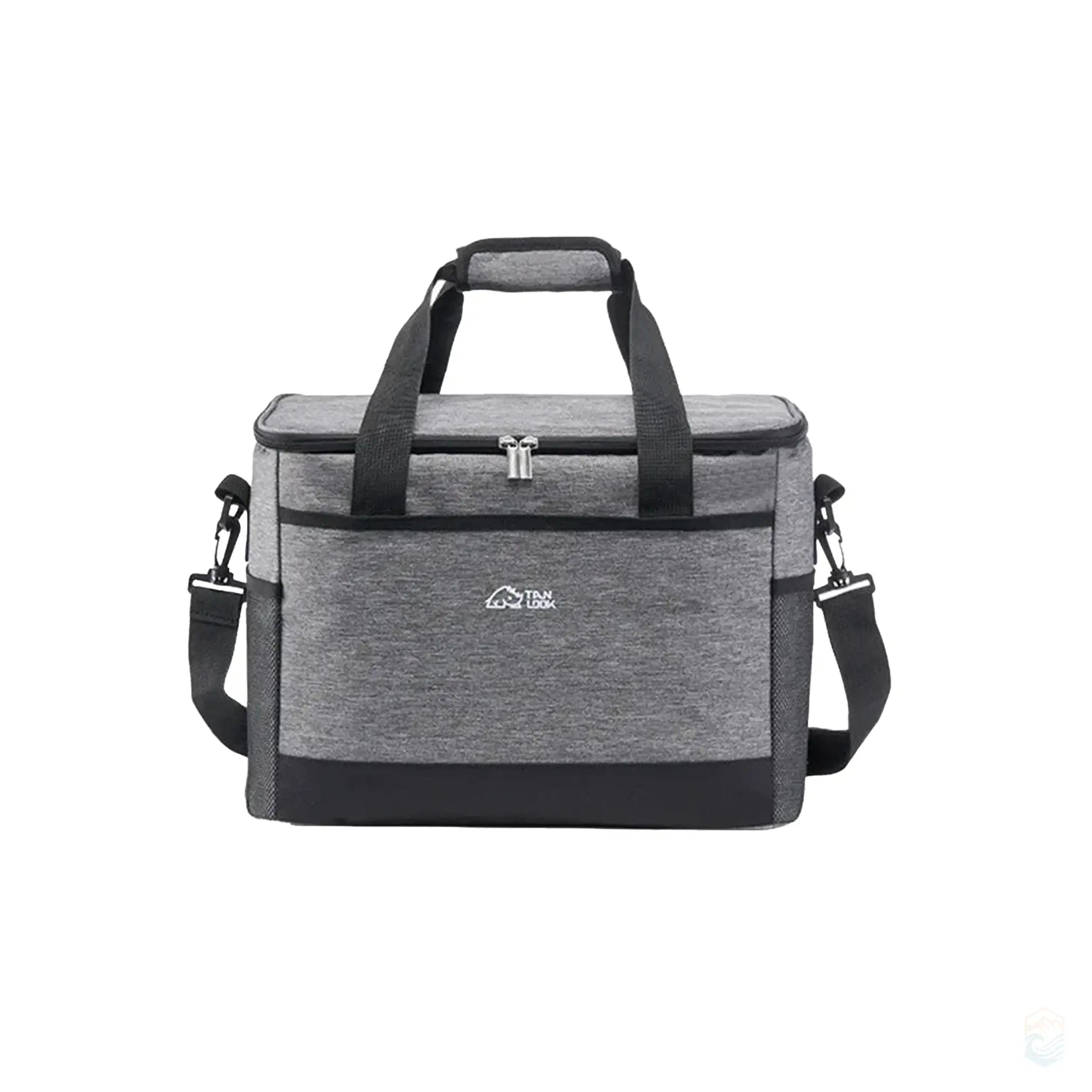 Large grey outdoor insulated bag crafted from durable 600D Oxford cloth, featuring a zipper closure, adjustable shoulder strap, and superior insulation to keep items cold for up to 12 hours, perfect for camping trips and outdoor gatherings.