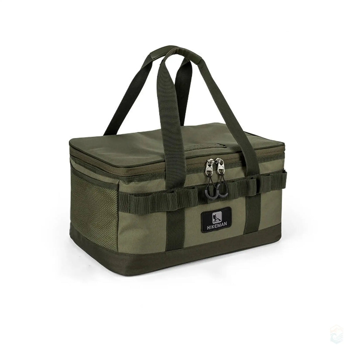 Army green HIKEMAN cooler bag with dimensions shown, featuring sturdy handles and durable design.