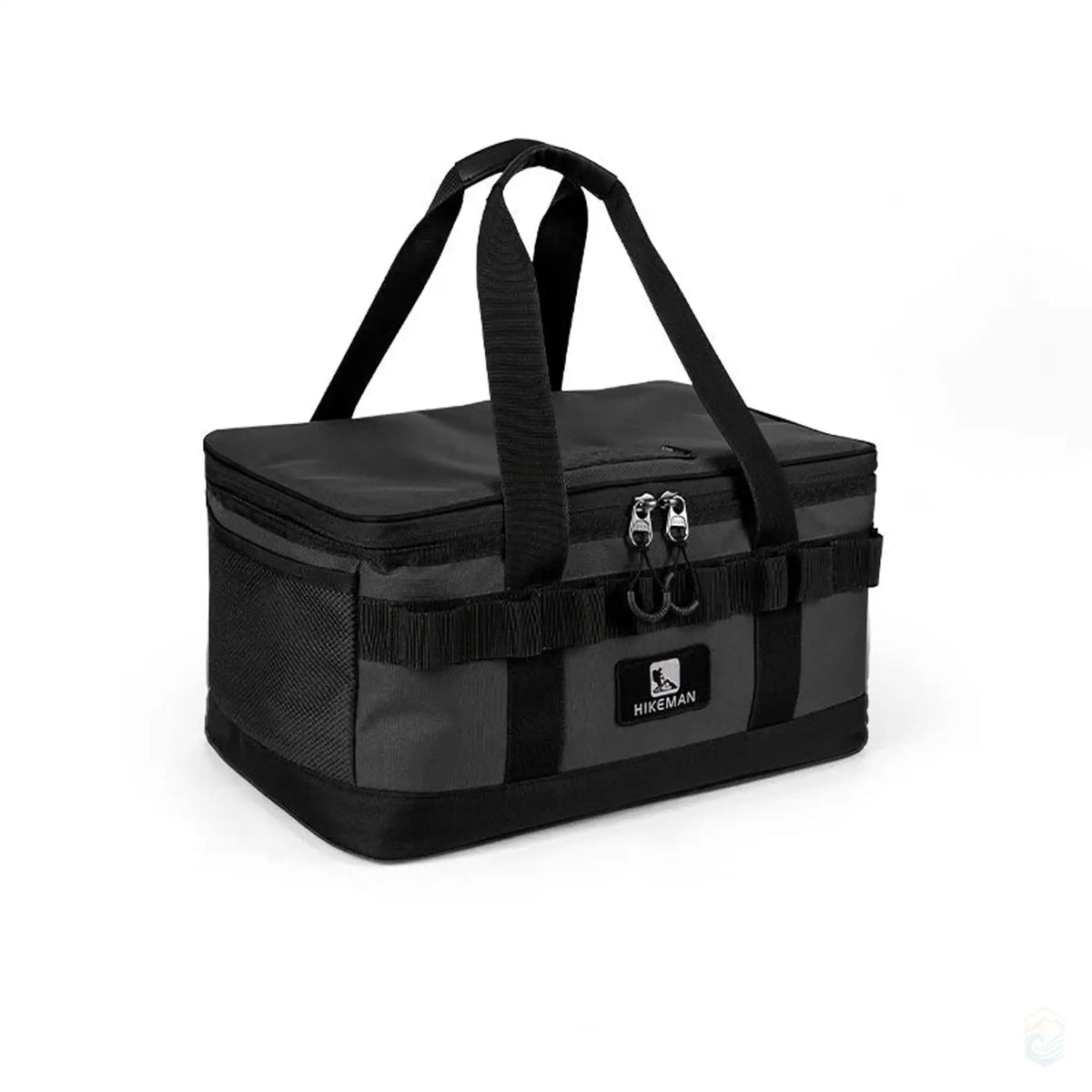 Black HIKEMAN cooler bag with waterproof PVC material, featuring sturdy handles and compact design with dimensions shown.