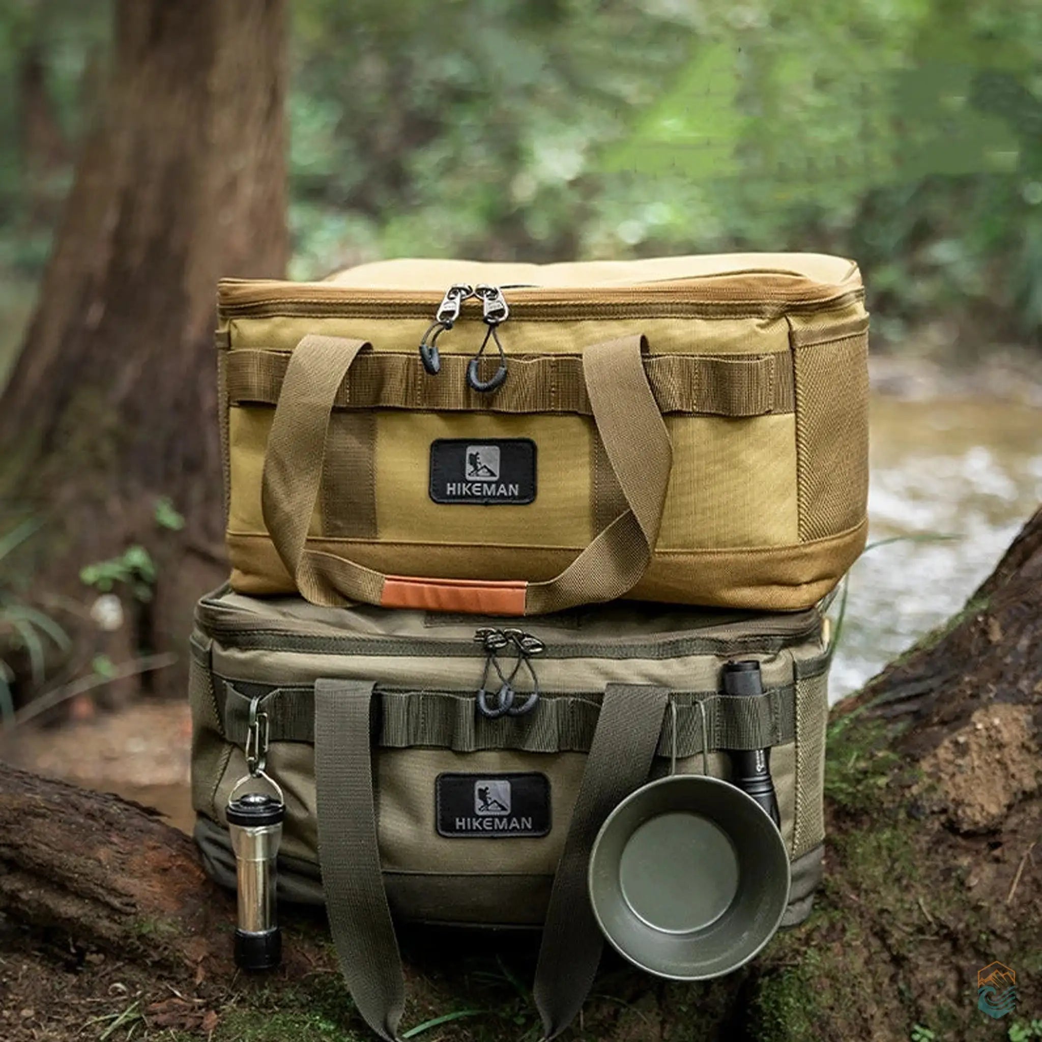 HIKEMAN cooler bags stacked outdoors on a tree trunk, showcasing their durability and ideal use for camping with additional gear attached.