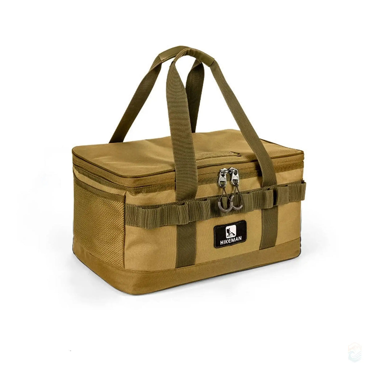 Khaki HIKEMAN cooler bag with dimensions shown, featuring sturdy handles and durable design.