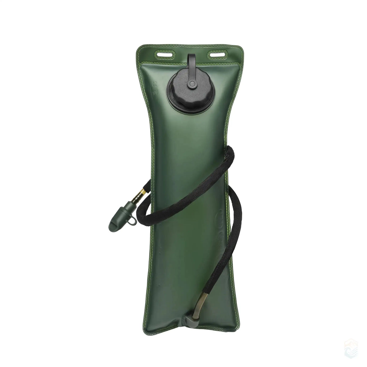 Green hydration bladder with highlighted features, including a nylon fabric exterior, leakproof suction-bite mouthpiece, stable sealing side, and PE + EVA non-toxic material.