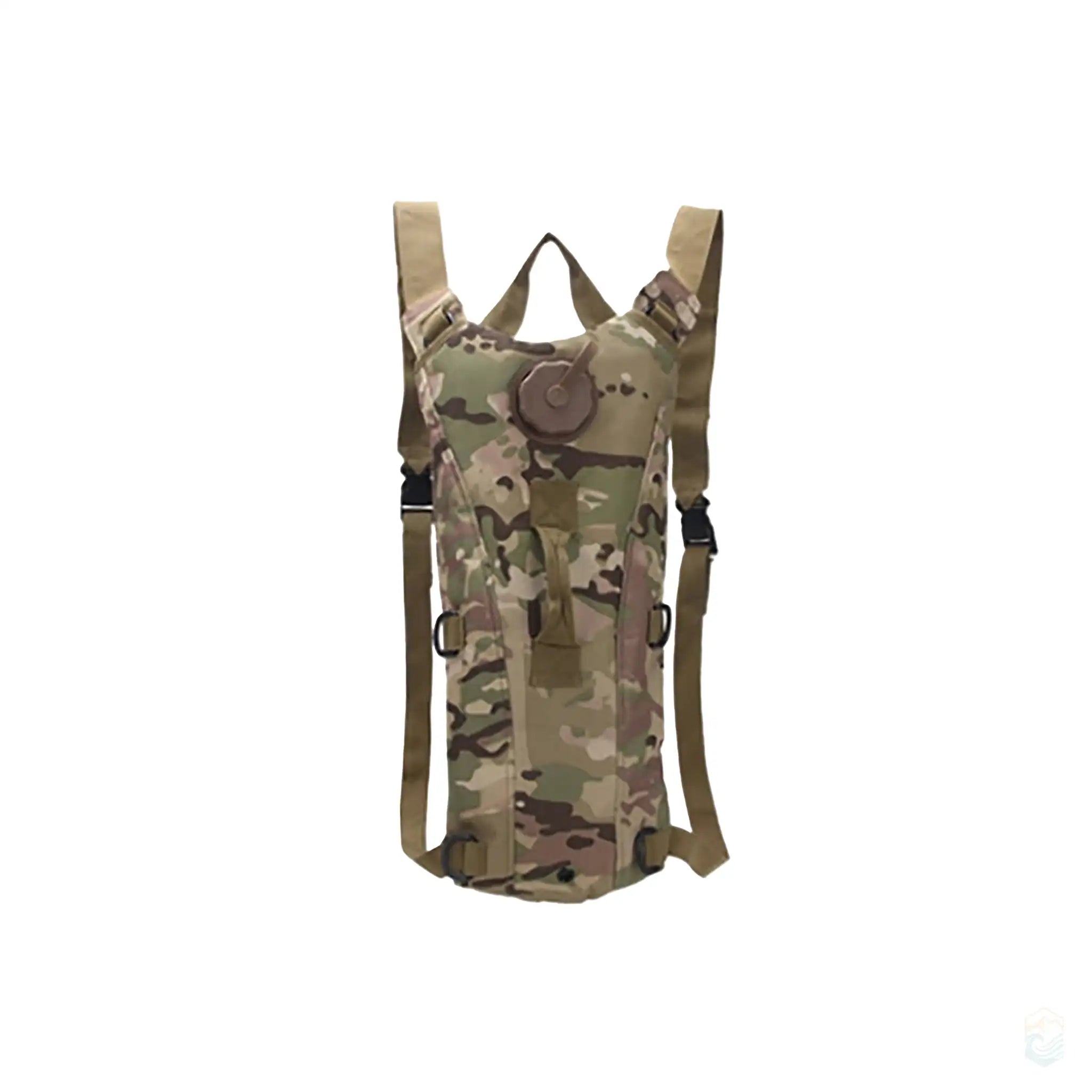 Multi-terrain camo tactical hydration pack with adjustable straps and a 3L leakproof water bladder.