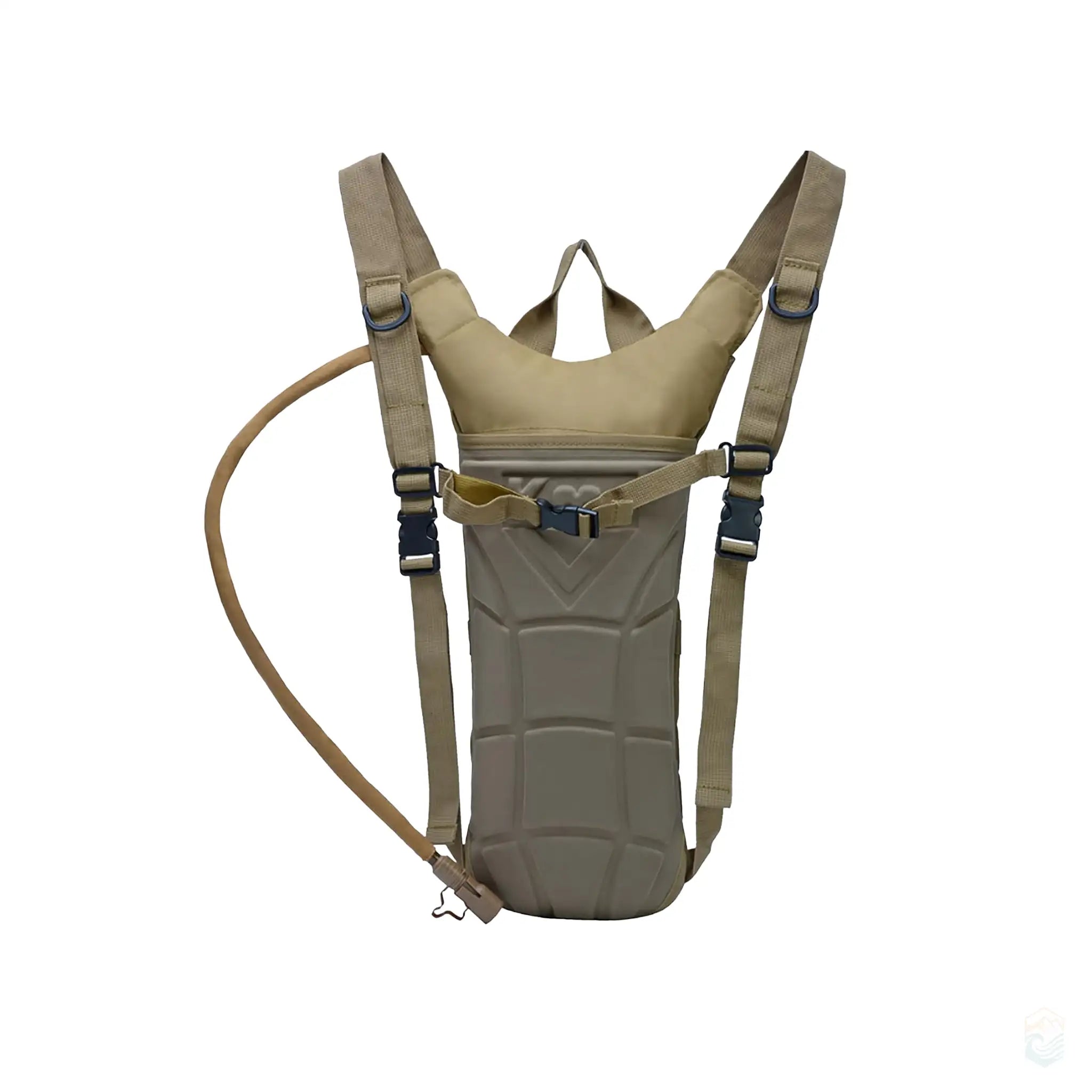 Sand khaki tactical hydration pack with foam back panel, adjustable straps, and a 3L leakproof water bladder.