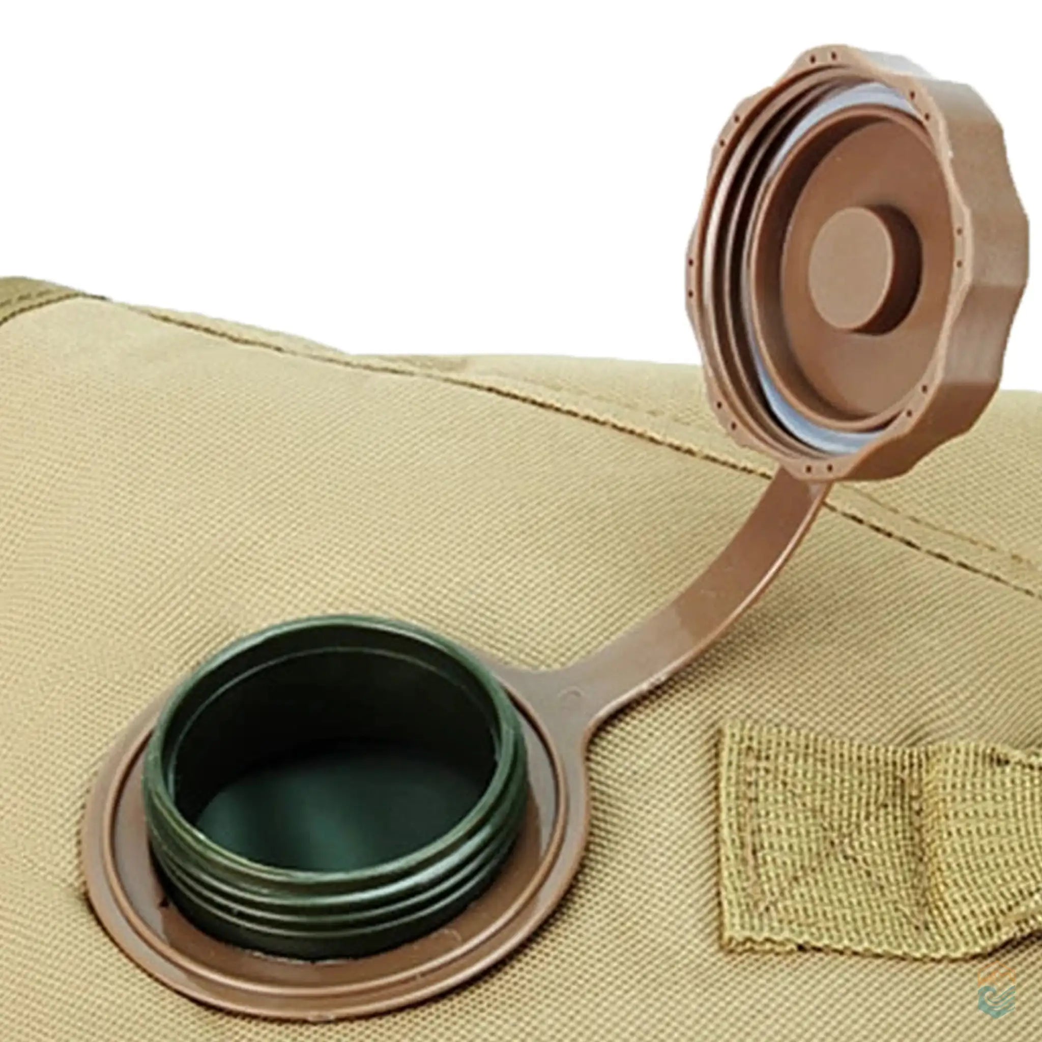 Close-up of the water inlet on a tactical hydration pack, showcasing the cap and wide opening for easy water injection.