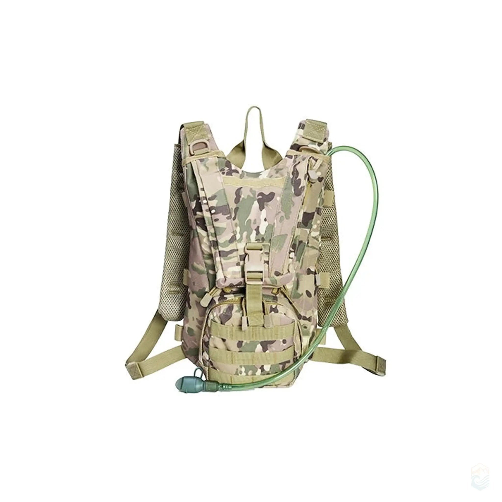 Multi-terrain camo Jarhead Hydration Backpack with 2.5/3L water bladder, ideal for hiking and outdoor adventures, featuring durable straps, multiple pockets, and a water tube for easy hydration on the go. Designed for tactical and rugged conditions.