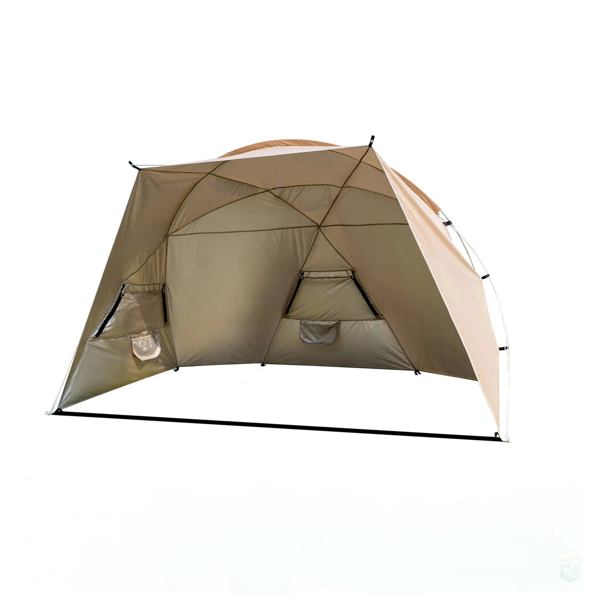 Khaki Sonuto beach shelter tent with reinforced seams and ventilation windows, designed for ample shade and protection from the sun. The tent features a sturdy frame and easy-to-use guy ropes for stability, ideal for outdoor activities.