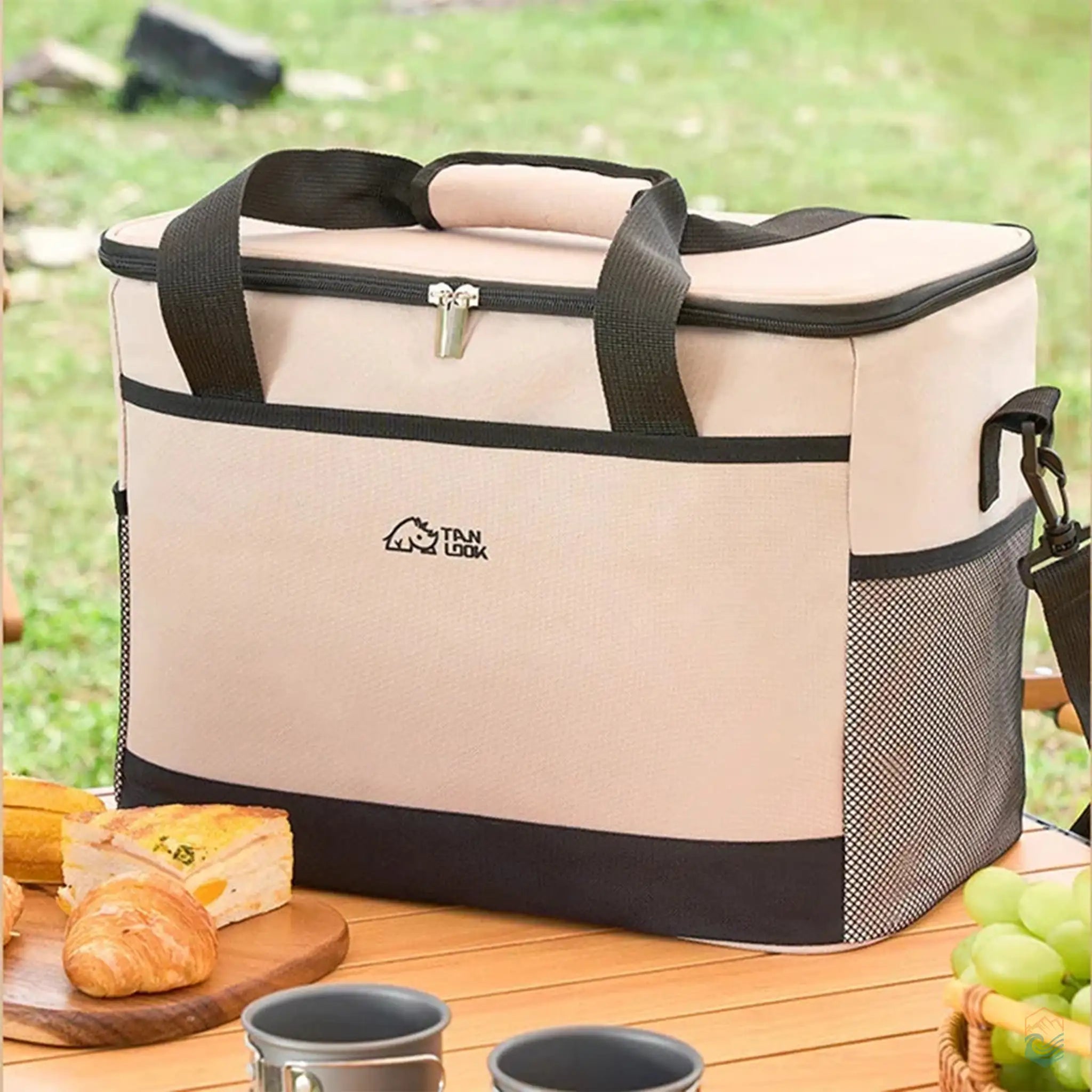 Large beige outdoor insulated bag placed on a wooden picnic table during a camping trip, designed for keeping food and beverages cold, with durable construction and ample storage space, perfect for outdoor dining and picnics.