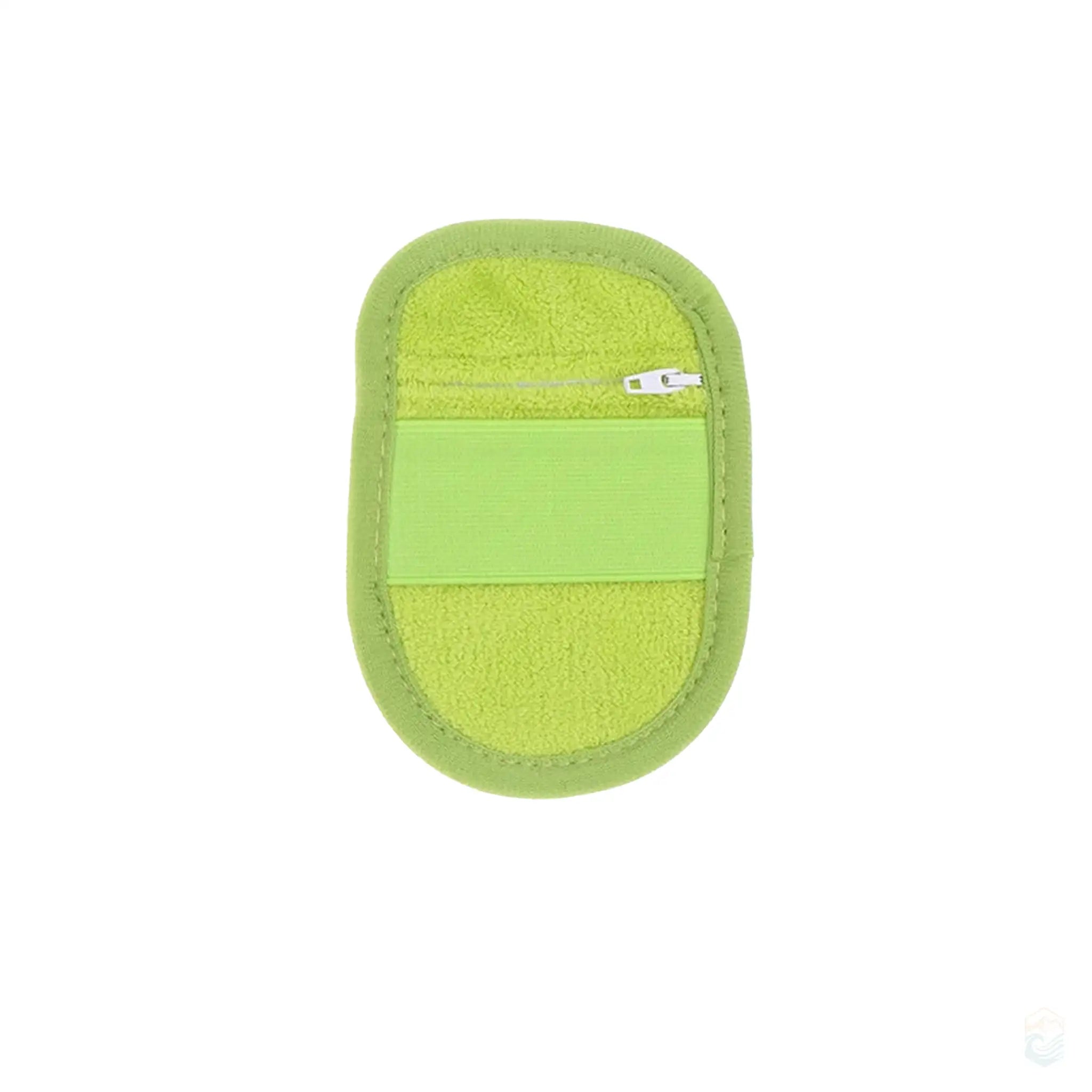 Large lime green beach sand remover hand pad in B style, featuring a soft and absorbent surface with a matching elastic strap and a convenient zippered pocket, ideal for quick and efficient sand removal.