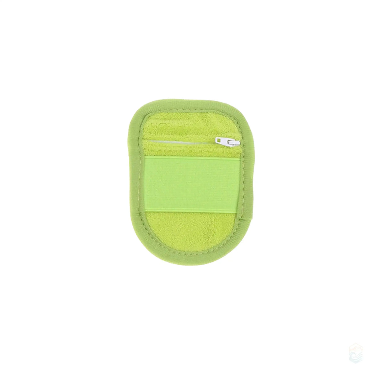 Small lime green beach sand remover hand pad in B style, featuring a soft, absorbent surface with a matching elastic strap and a zippered pocket, perfect for easy sand removal at the beach.