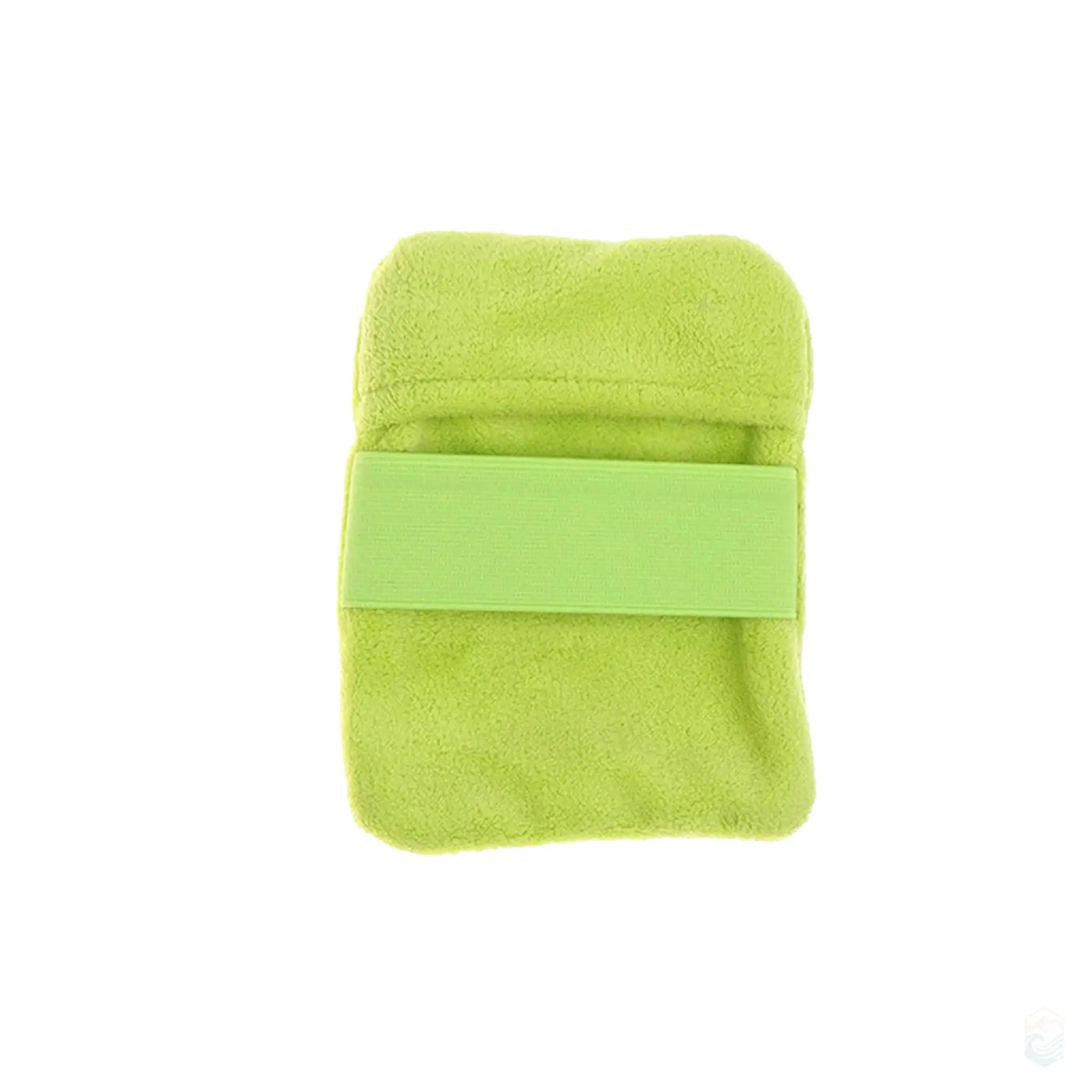 Large lime green rectangular beach sand remover hand pad, featuring a soft and plush surface with a wide elastic strap, perfect for efficient sand removal during beach outings.