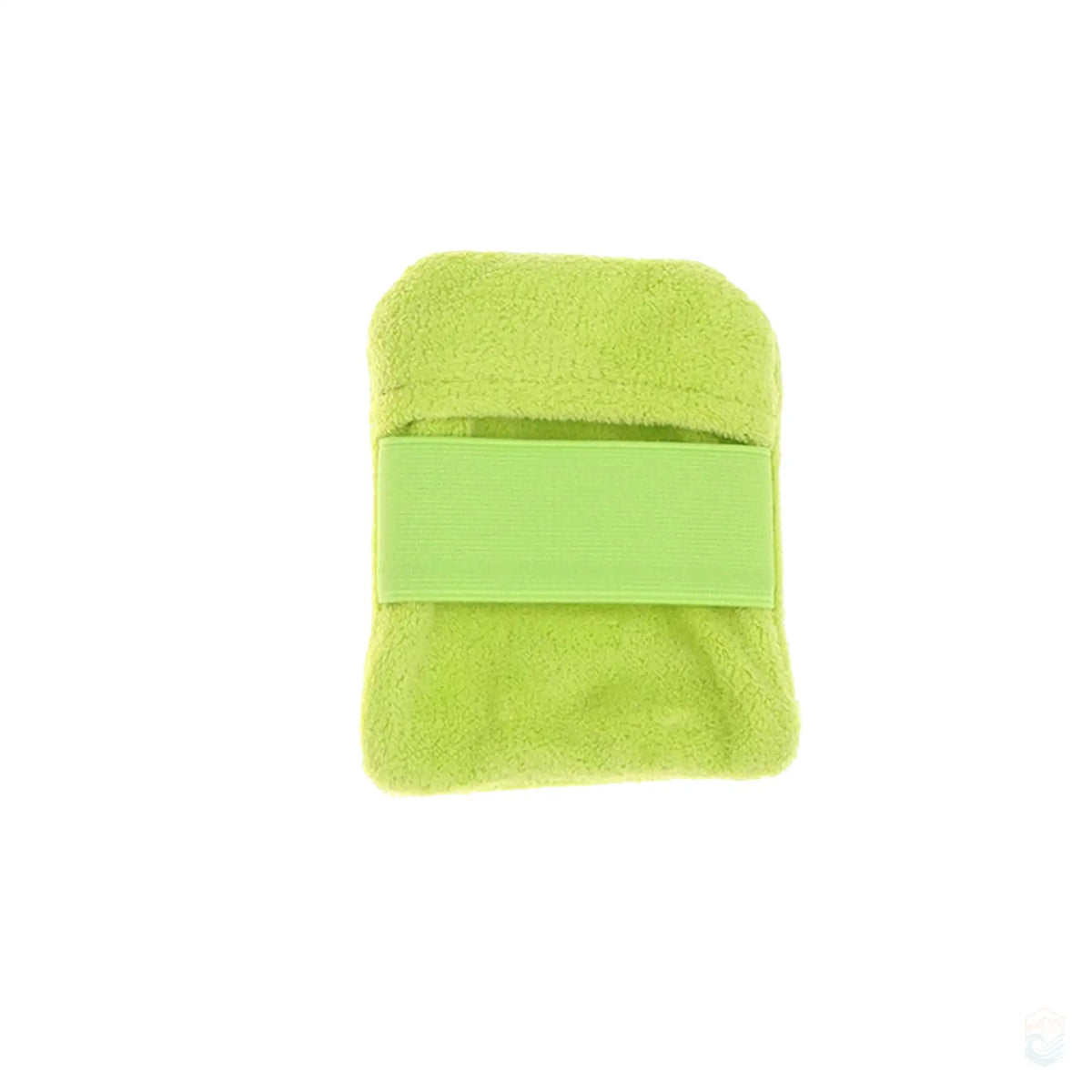 Small lime green rectangular beach sand remover hand pad, featuring a soft, plush surface with a matching elastic strap, designed for easy and efficient sand removal.